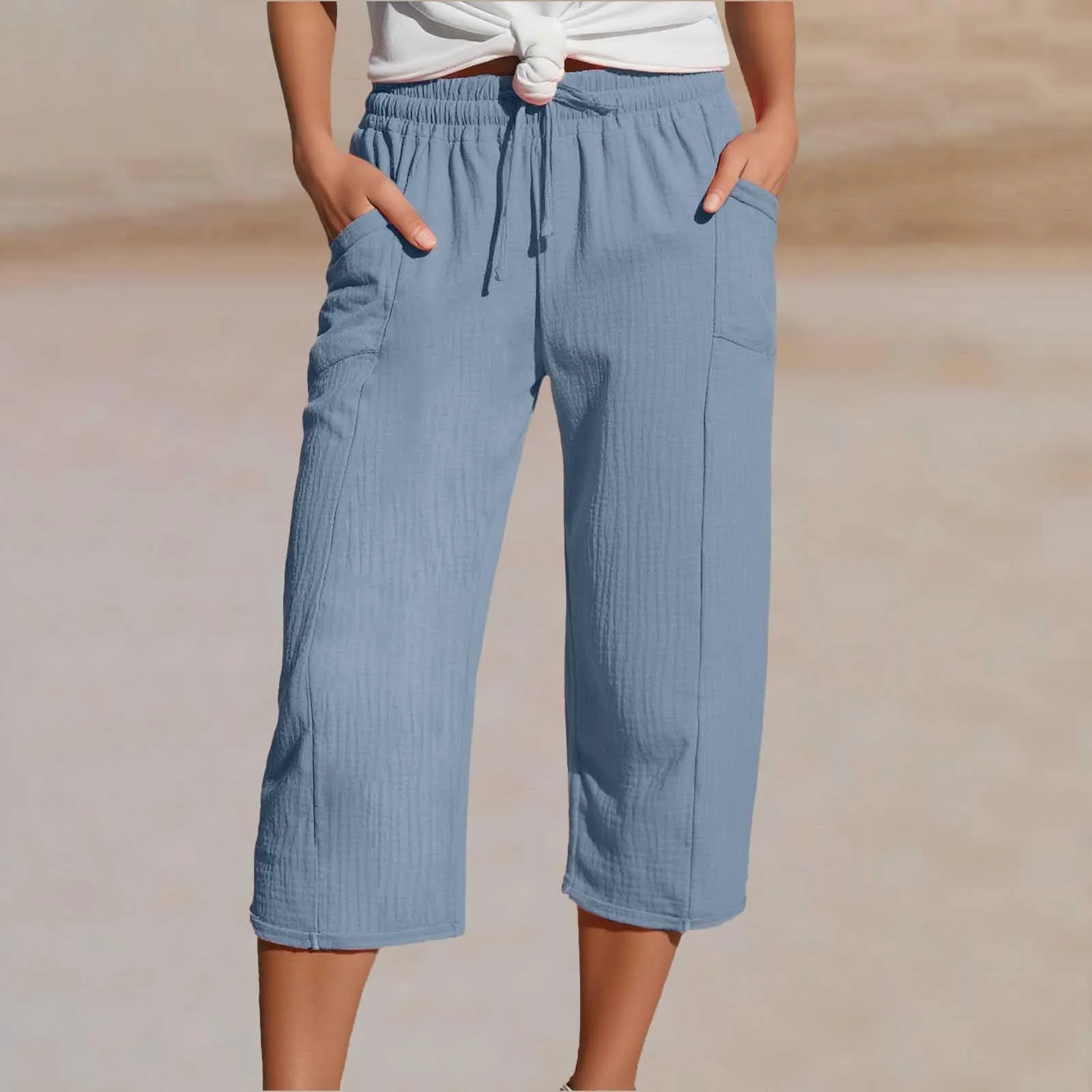 Generico Pantaloni Capri in Lino e Cotone Donna Vita Alta Larghi con Tasche Tinta Unita - immagine 2