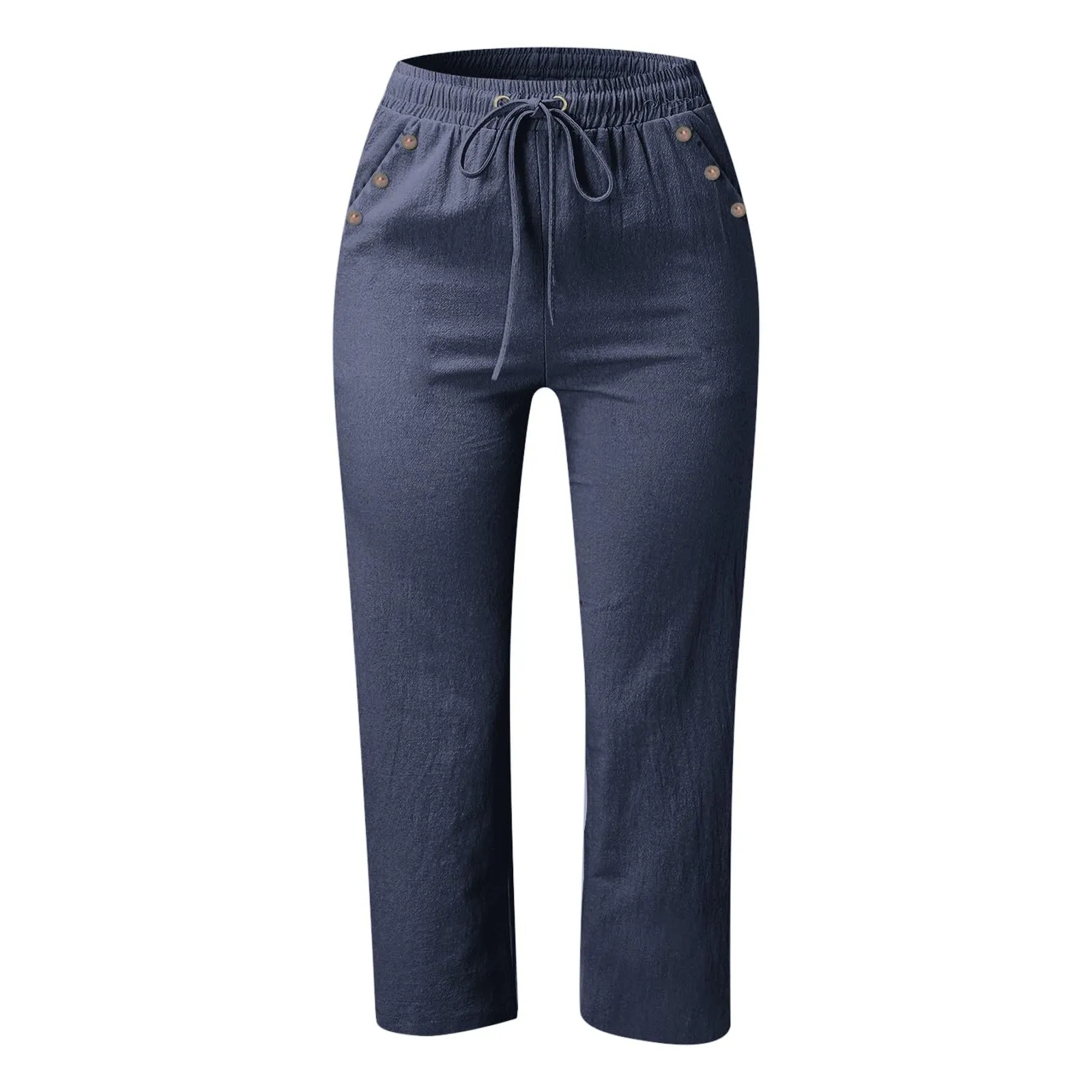 Generico Pantaloni Capri in Lino e Cotone Donna, Vita Alta Larghi con Coulisse e Tasche, Tinta Unita - immagine 4