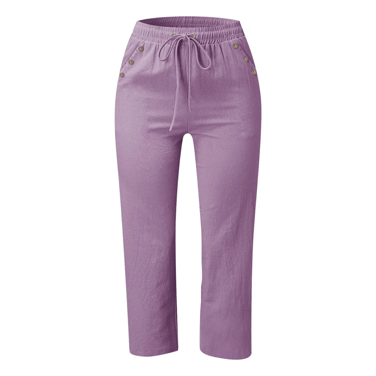 Generico Pantaloni Capri in Lino e Cotone per Donna, Vita Alta, Gamba Larga, Tinta Unita con Tasche - immagine 4