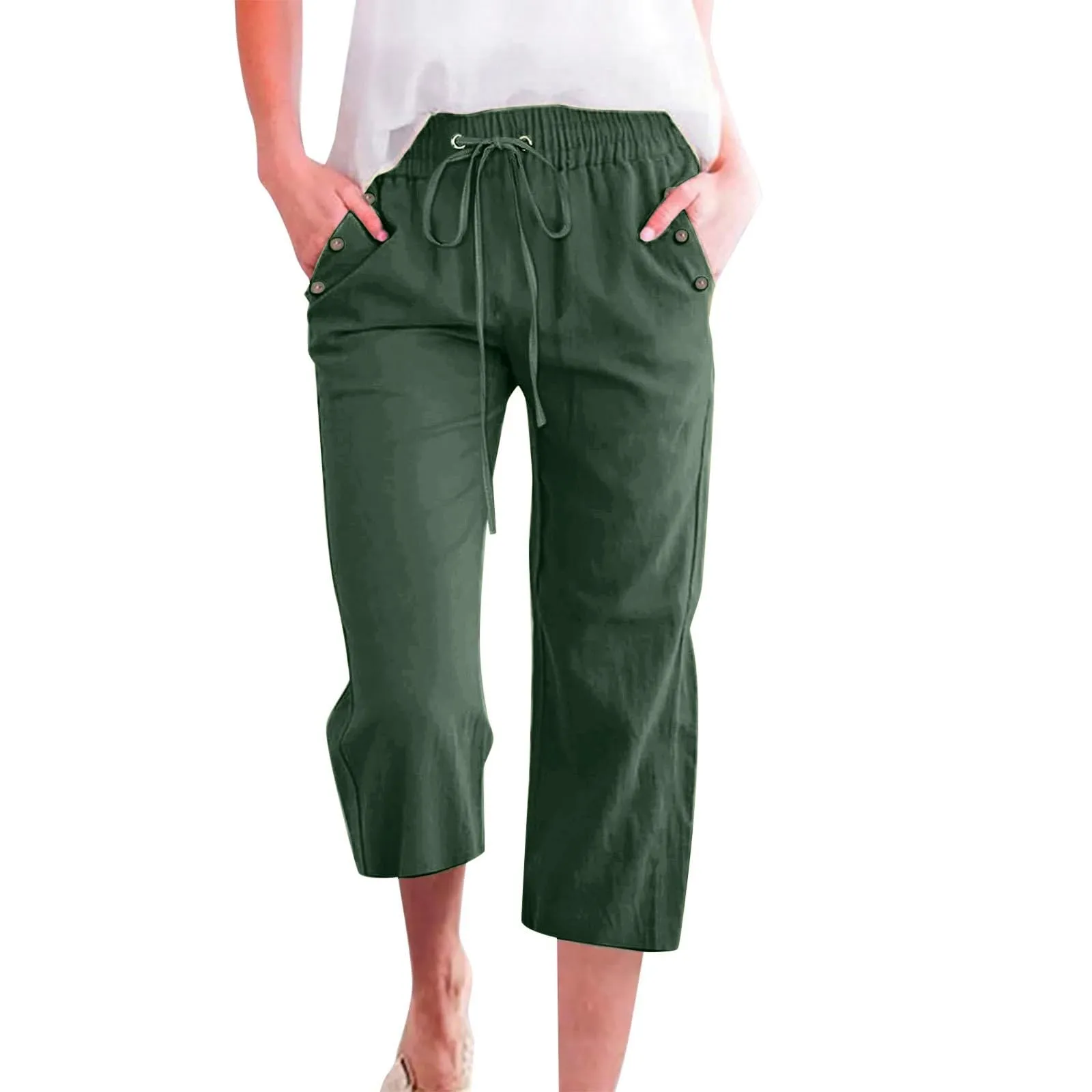 Generico Pantaloni Capri in Lino e Cotone Donna Vita Alta a Gamba Larga con Coulisse e Tasche Tinta Unita - immagine 1
