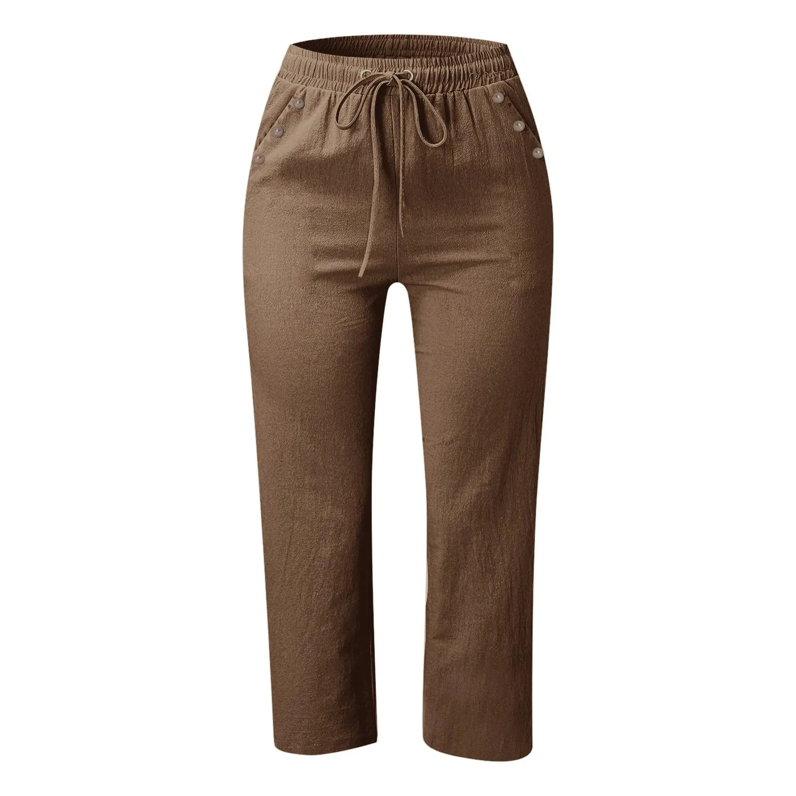 Generico Pantaloni Capri in Lino e Cotone Donna Vita Alta Larghi Tinta Unita con Tasche - immagine 4