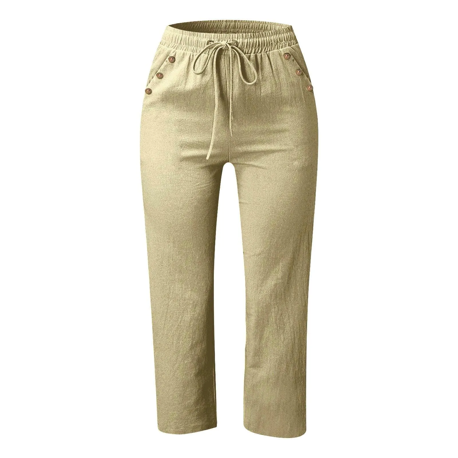 Generico Pantaloni Capri in Lino e Cotone Donna Vita Alta Larghi Tinta Unita con Tasche - immagine 4
