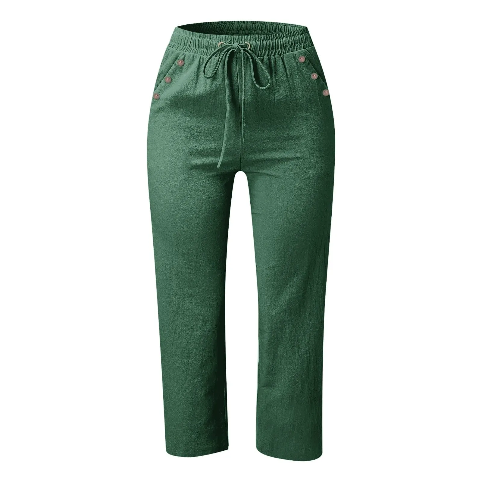 Generico Pantaloni Capri in Lino e Cotone Donna, Vita Alta, Gamba Larga, Tinta Unita con Tasche - immagine 4