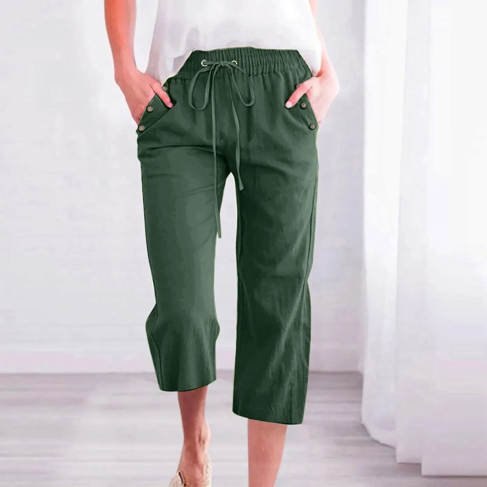 Generico Pantaloni Capri in Lino e Cotone per Donna, Vita Alta, Gamba Larga, Tinta Unita con Tasche - immagine 2