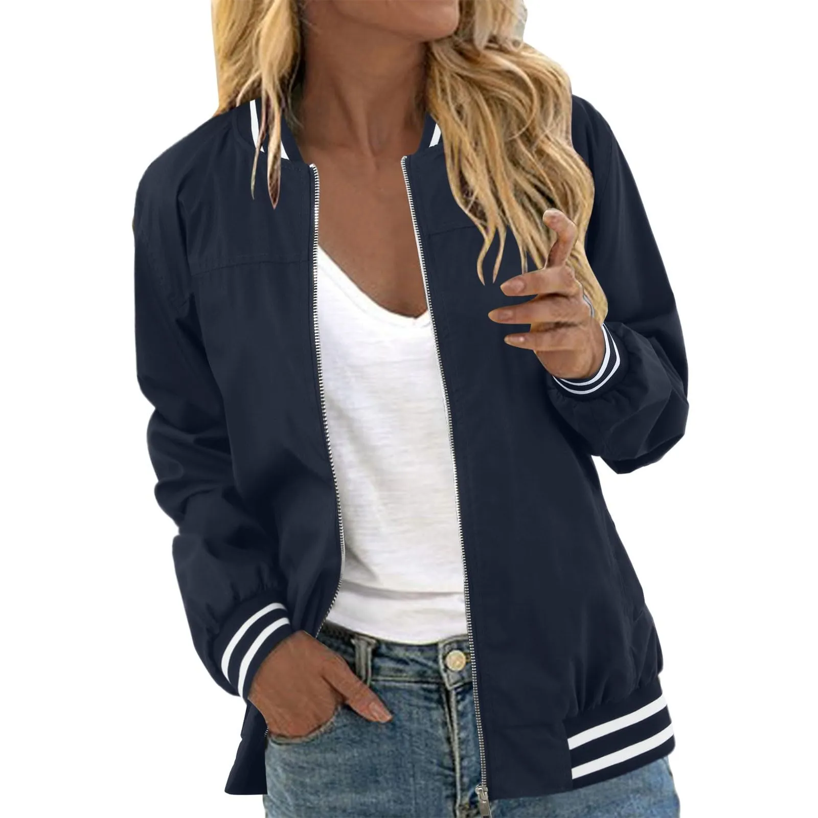 Giacca Baseball Donna con Motivo Floreale Leggera Casual a Maniche Lunghe College Blouson Blu XXL - immagine 1