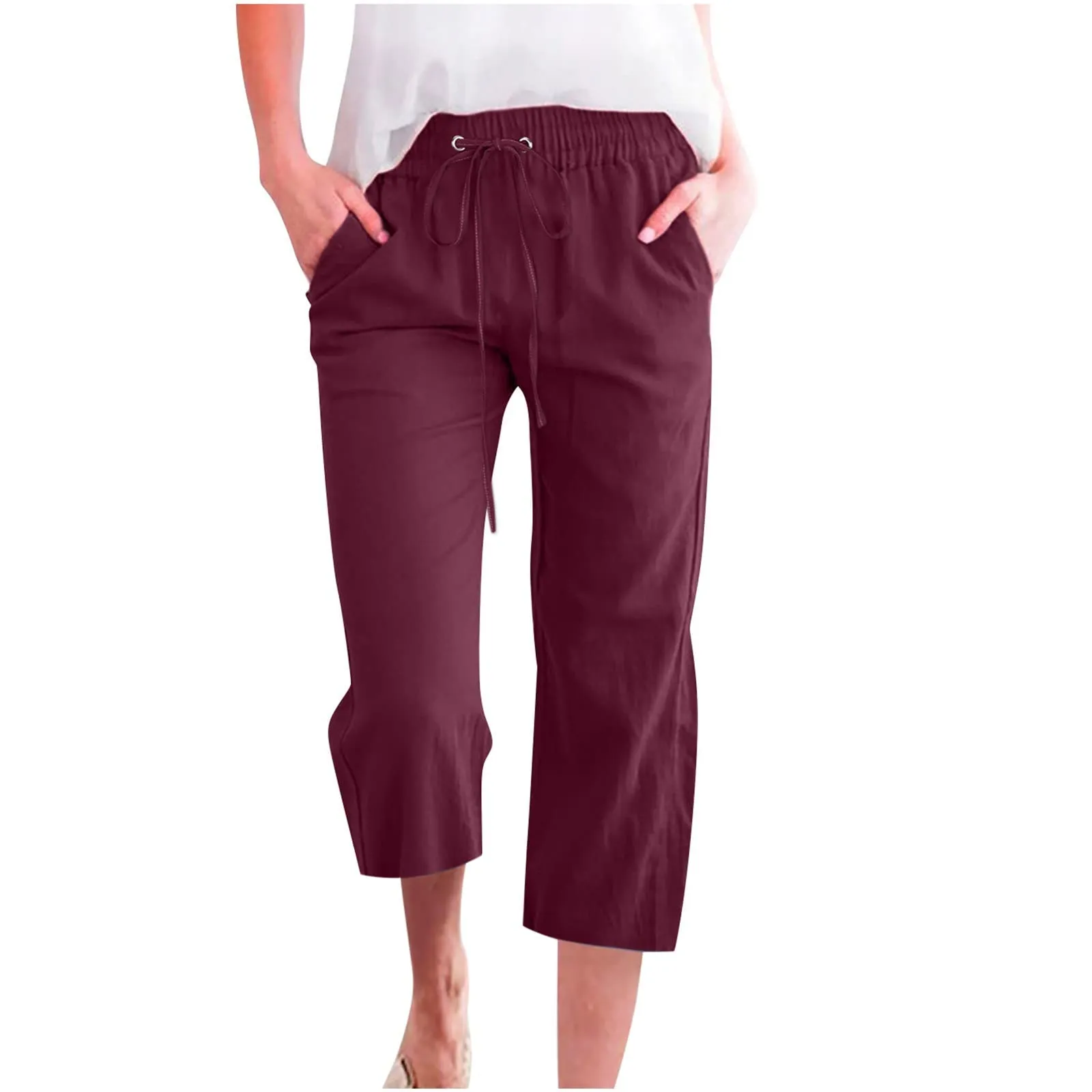 Generico Pantaloni Capri in Lino e Cotone Donna, Vita Alta a Gamba Larga con Coulisse e Tasche, Tinta Unita - immagine 1