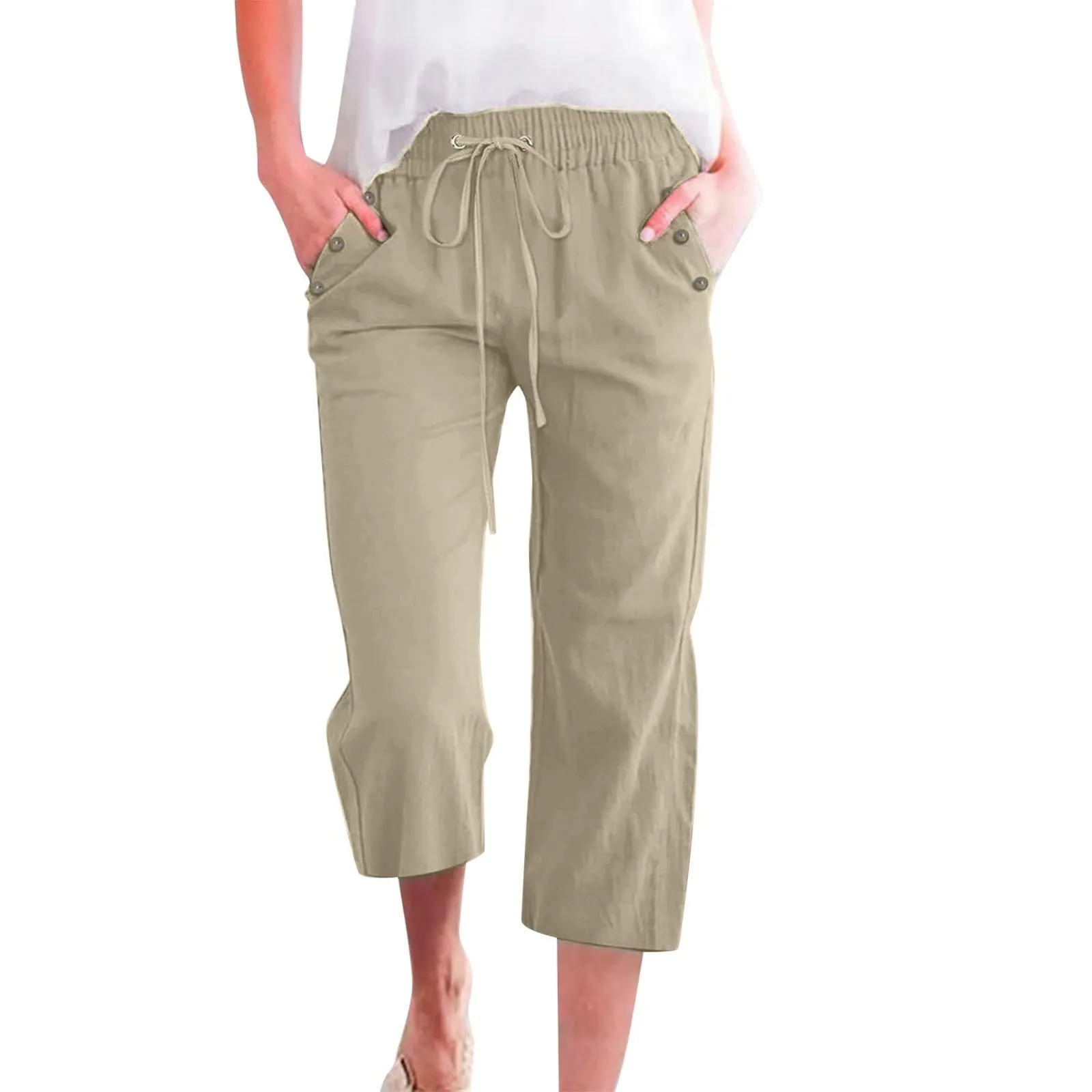 Generico Pantaloni Capri in Lino e Cotone Donna Vita Alta Larghi con Coulisse e Tasche Tinta Unita - immagine 1