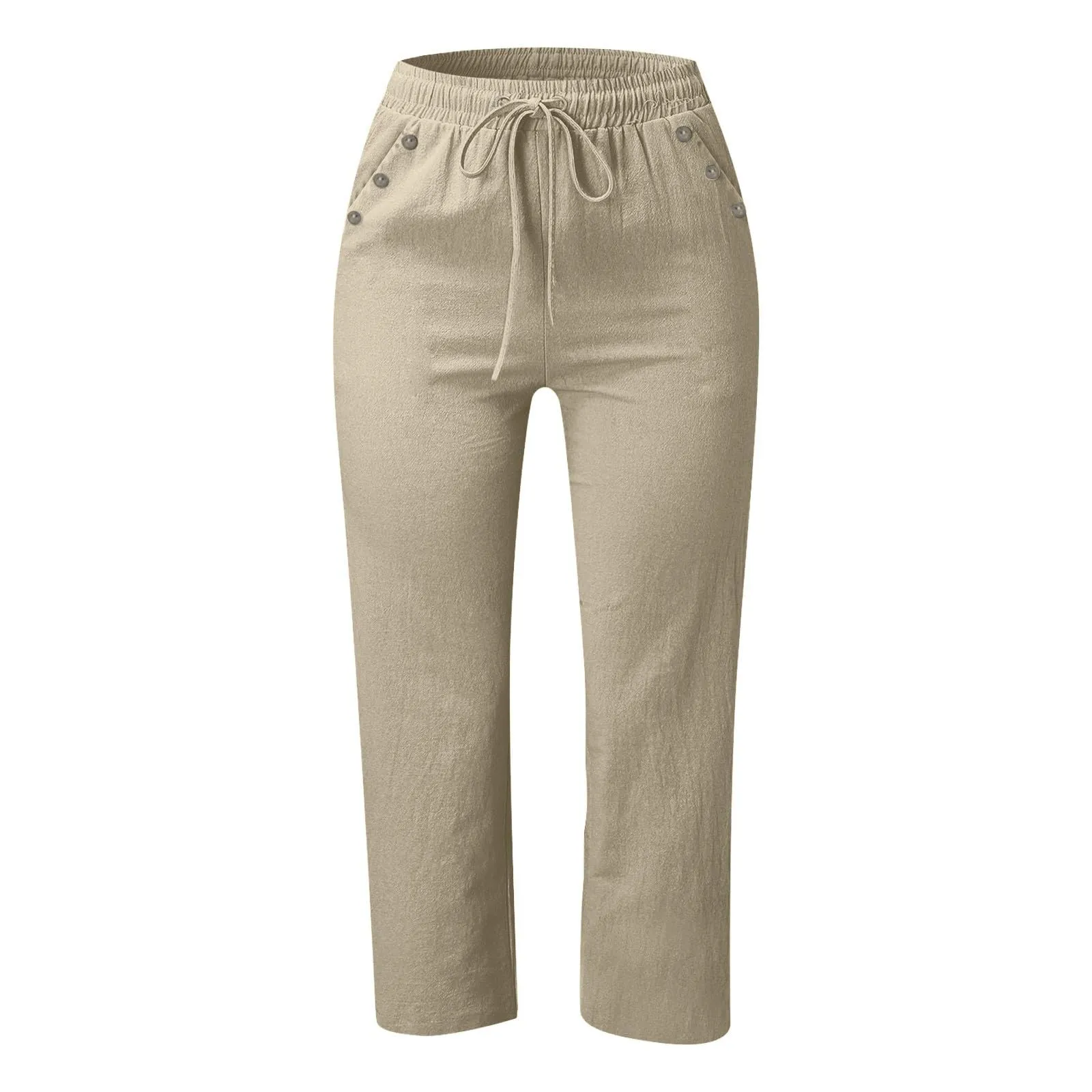 Generico Pantaloni Capri in Lino e Cotone Donna Vita Alta Larghi con Coulisse e Tasche Tinta Unita - immagine 4