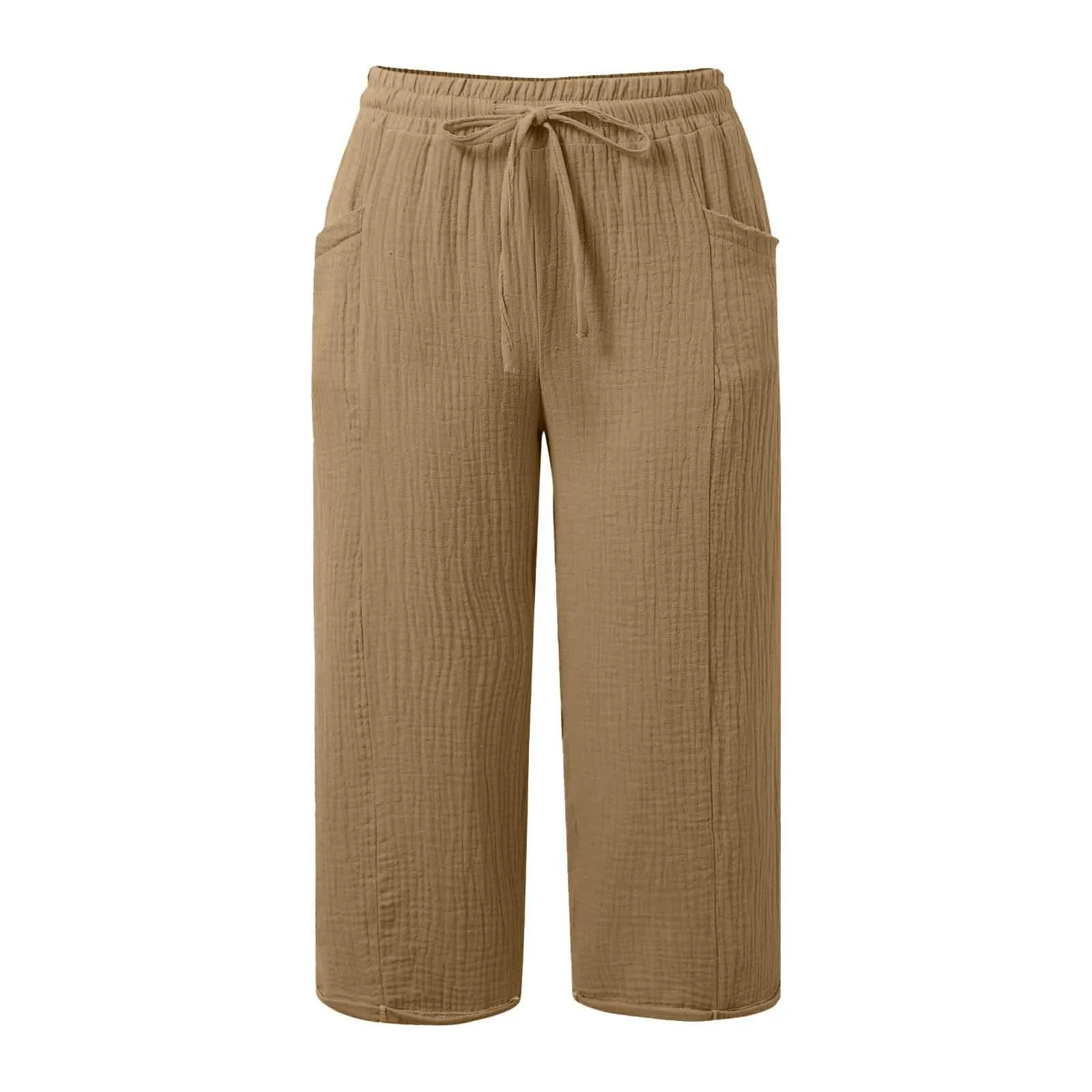 Generico Pantaloni Capri in Lino e Cotone Donna Vita Alta Larghi con Tasche Tinta Unita - immagine 4