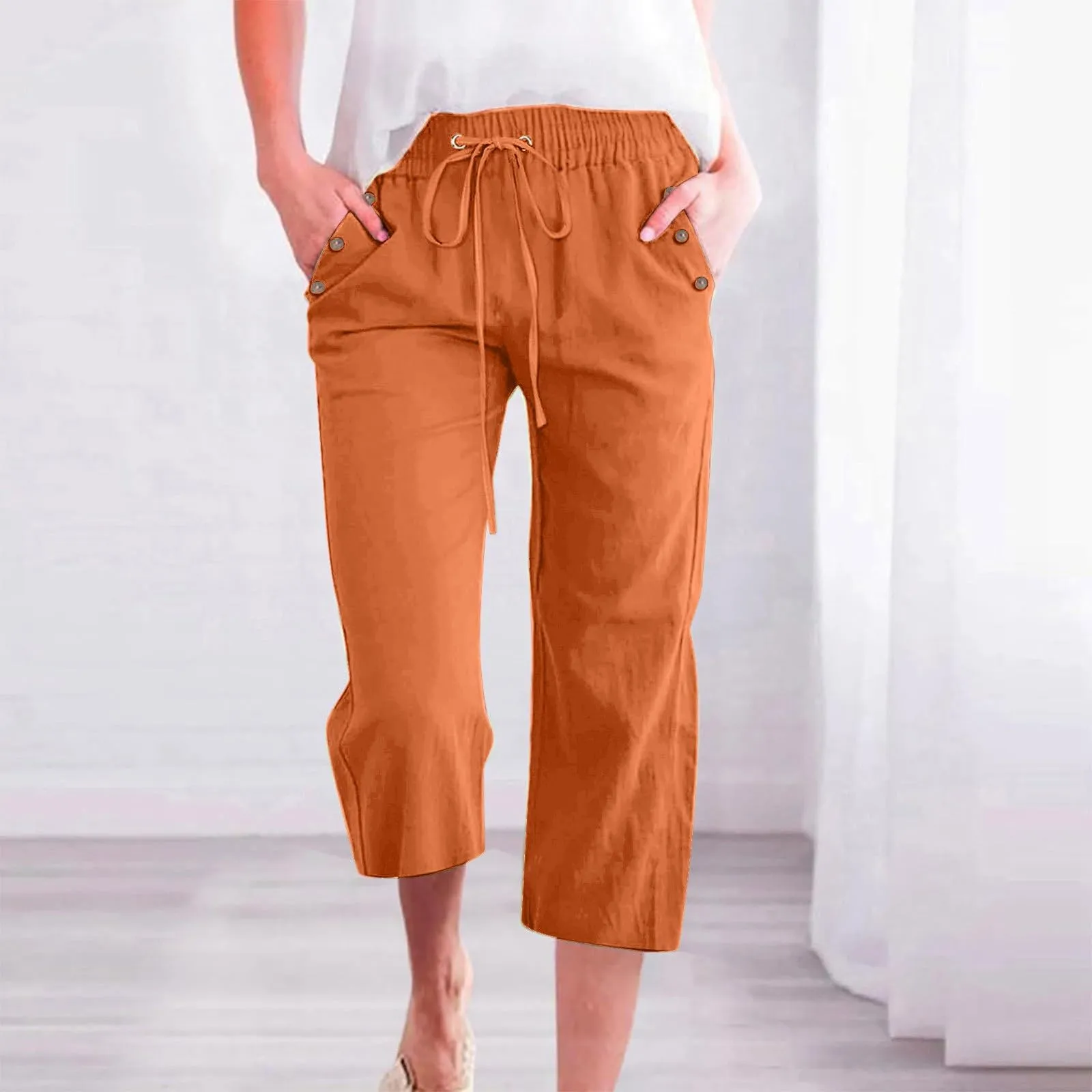 Generico Pantaloni Capri in Lino e Cotone per Donna, Vita Alta, Gamba Larga, Tinta Unita - immagine 2