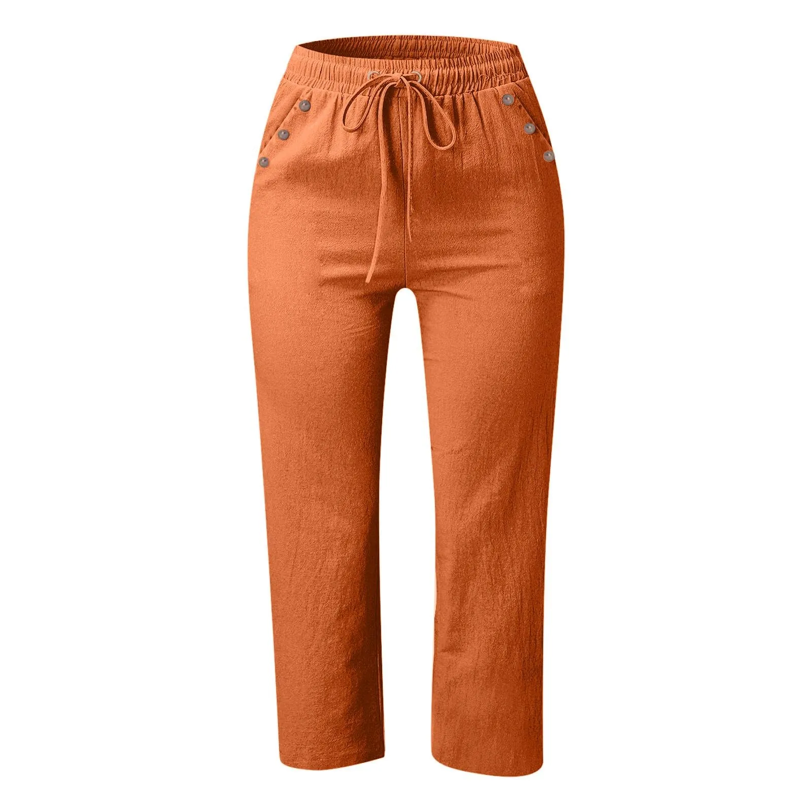 Generico Pantaloni Capri in Lino e Cotone per Donna, Vita Alta, Gamba Larga, Tinta Unita - immagine 4