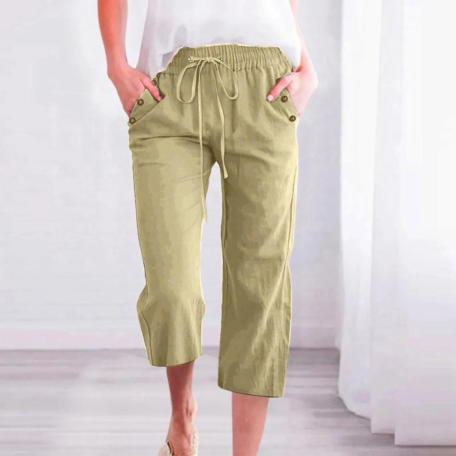 Generico Pantaloni Capri in Lino e Cotone Donna, Vita Alta, Gamba Larga, Tinta Unita con Tasche - immagine 2