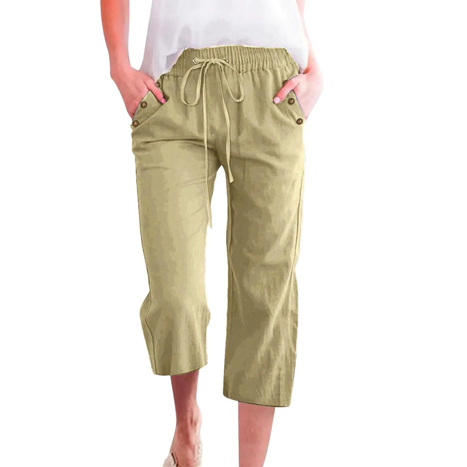 Generico Pantaloni Capri in Lino e Cotone Donna Vita Alta Larghi Tinta Unita con Tasche - immagine 1