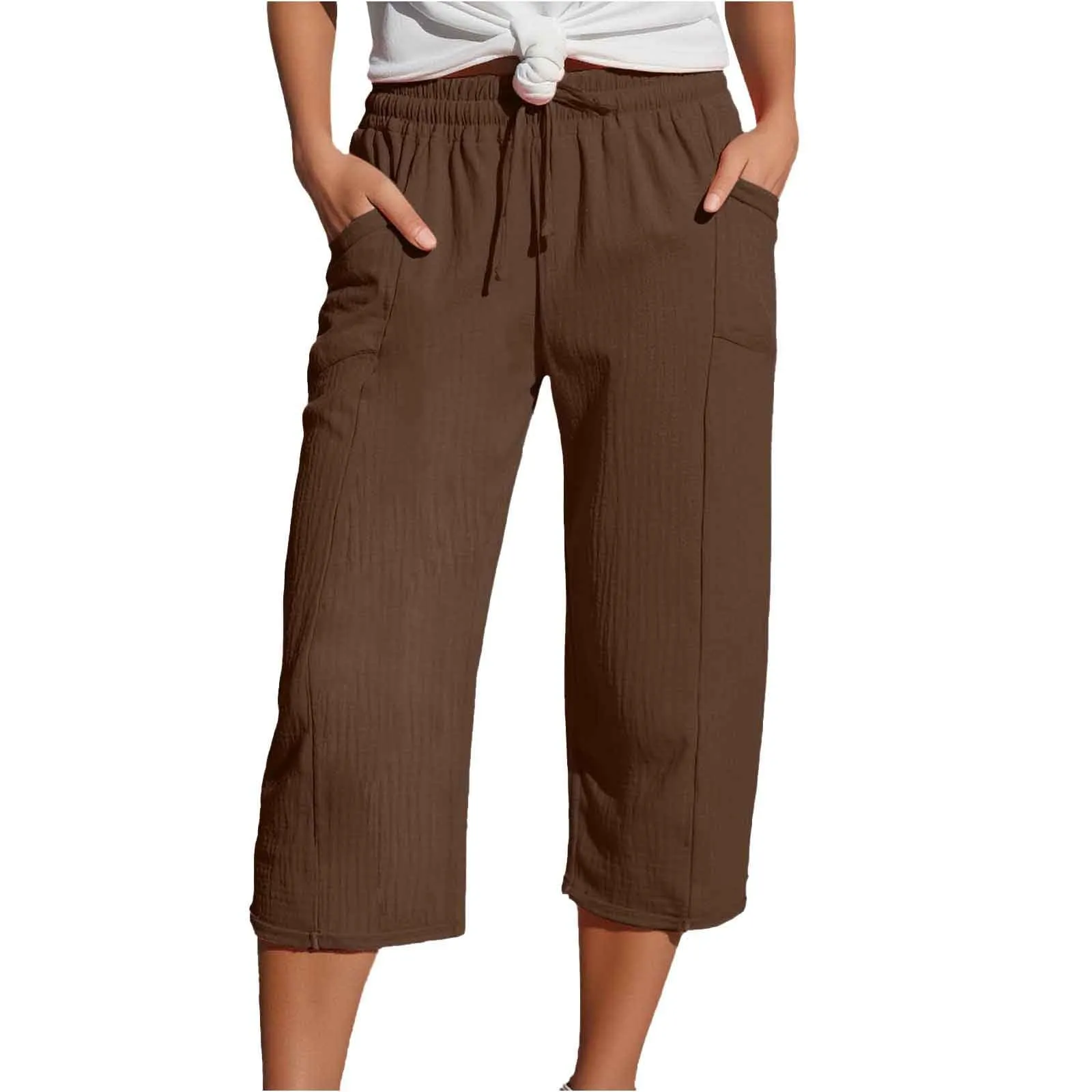 Generico Pantaloni Capri in Lino e Cotone Donna, Vita Alta, Gamba Larga, Tinta Unita con Tasche - immagine 1