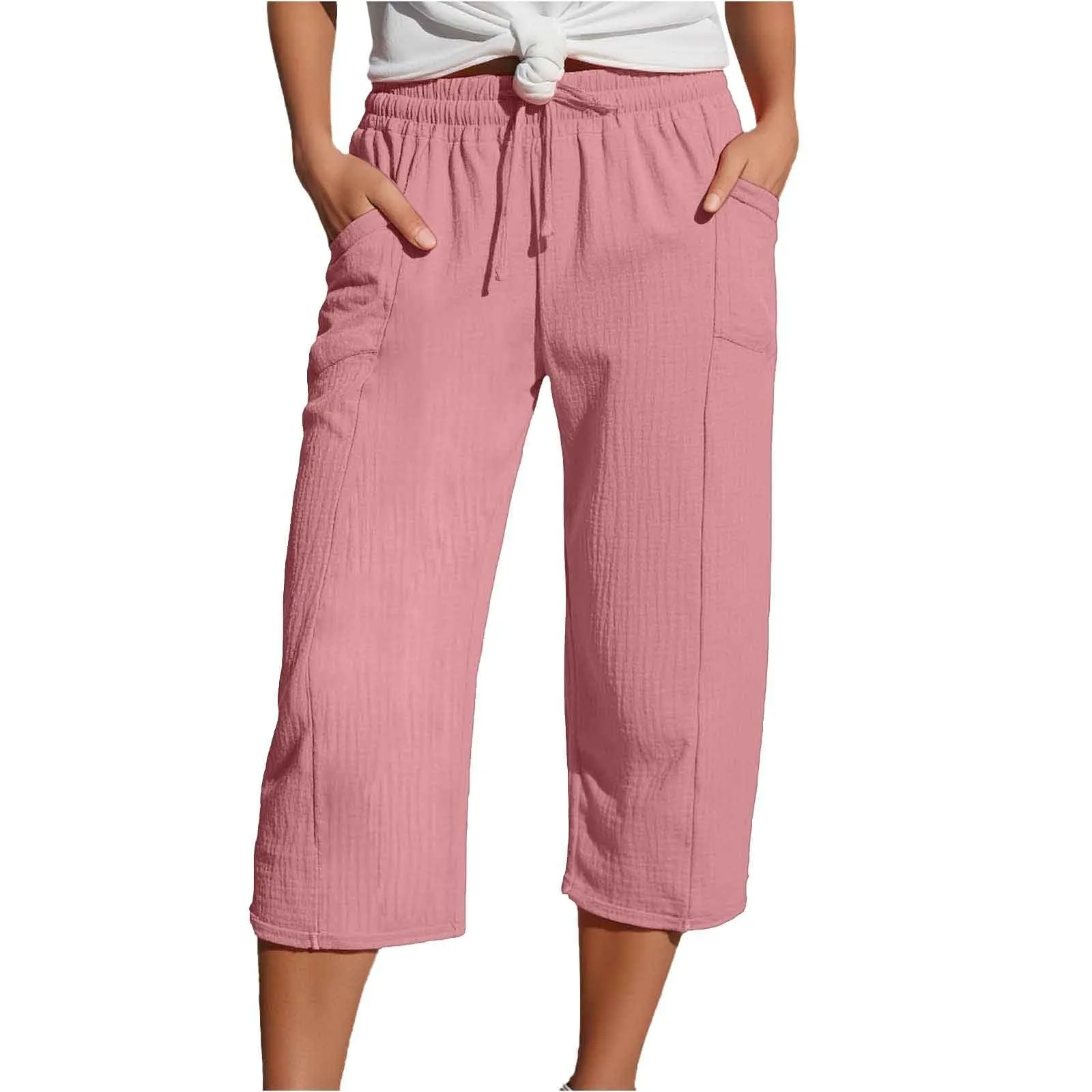 Generico Pantaloni Lino Donna Capri 3/4 Estivi Vita Alta Larghi Tinta Unita con Tasche - immagine 1