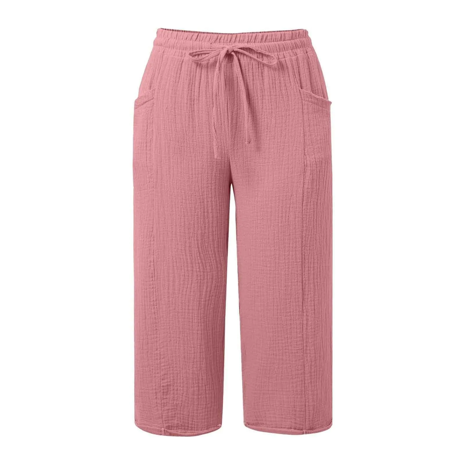 Generico Pantaloni Lino Donna Capri 3/4 Estivi Vita Alta Larghi Tinta Unita con Tasche - immagine 7