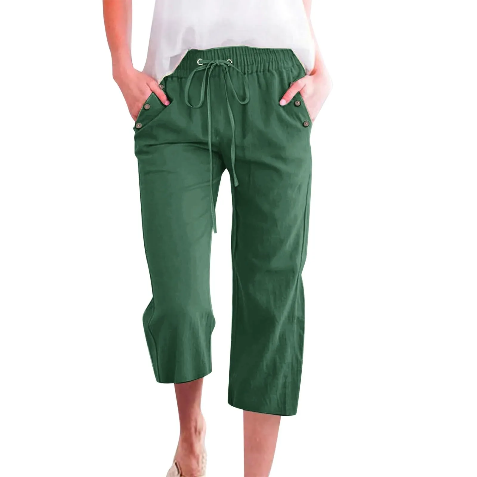 Generico Pantaloni Capri in Lino e Cotone Donna, Vita Alta, Gamba Larga, Tinta Unita con Tasche - immagine 1