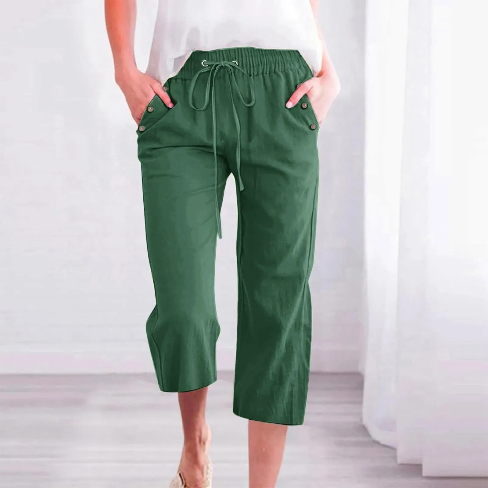 Generico Pantaloni Capri in Lino e Cotone Donna, Vita Alta, Gamba Larga, Tinta Unita con Tasche - immagine 2