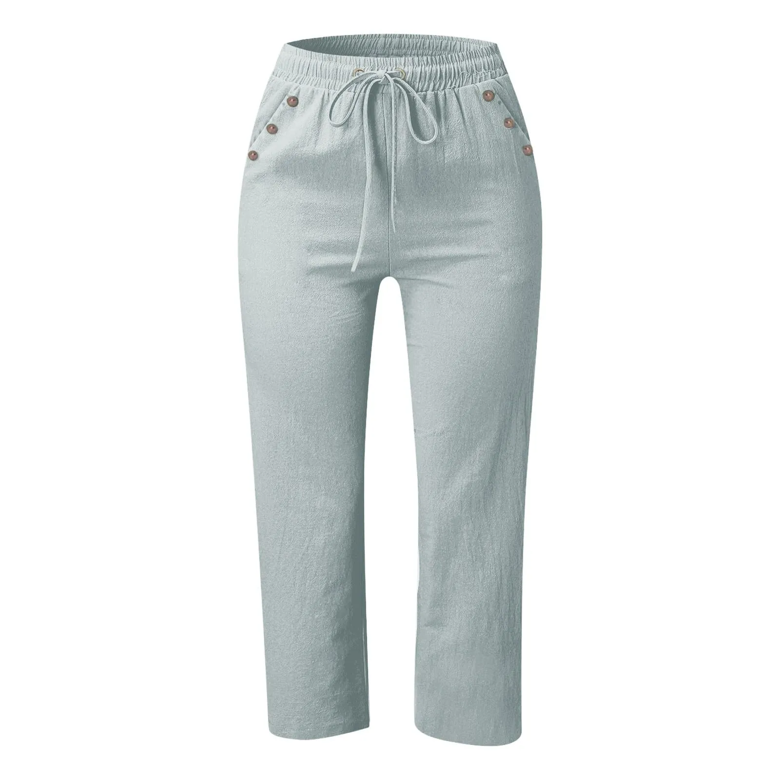 Generico Pantaloni Capri in Lino e Cotone Donna Vita Alta a Gamba Larga Tinta Unita con Tasche - immagine 4