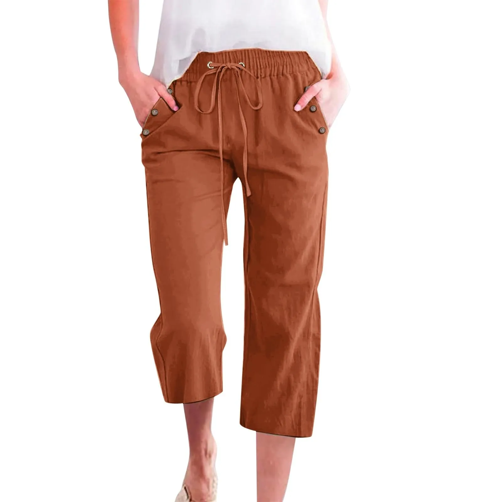 Generico Pantaloni Capri in Lino e Cotone Donna Vita Alta Gamba Larga con Tasche Tinta Unita - immagine 1