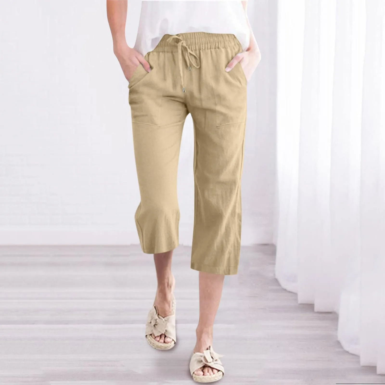 Generico Pantaloni Lino Donna Capri 3/4 Vita Alta Larghi con Tasche Tinta Unita - immagine 2