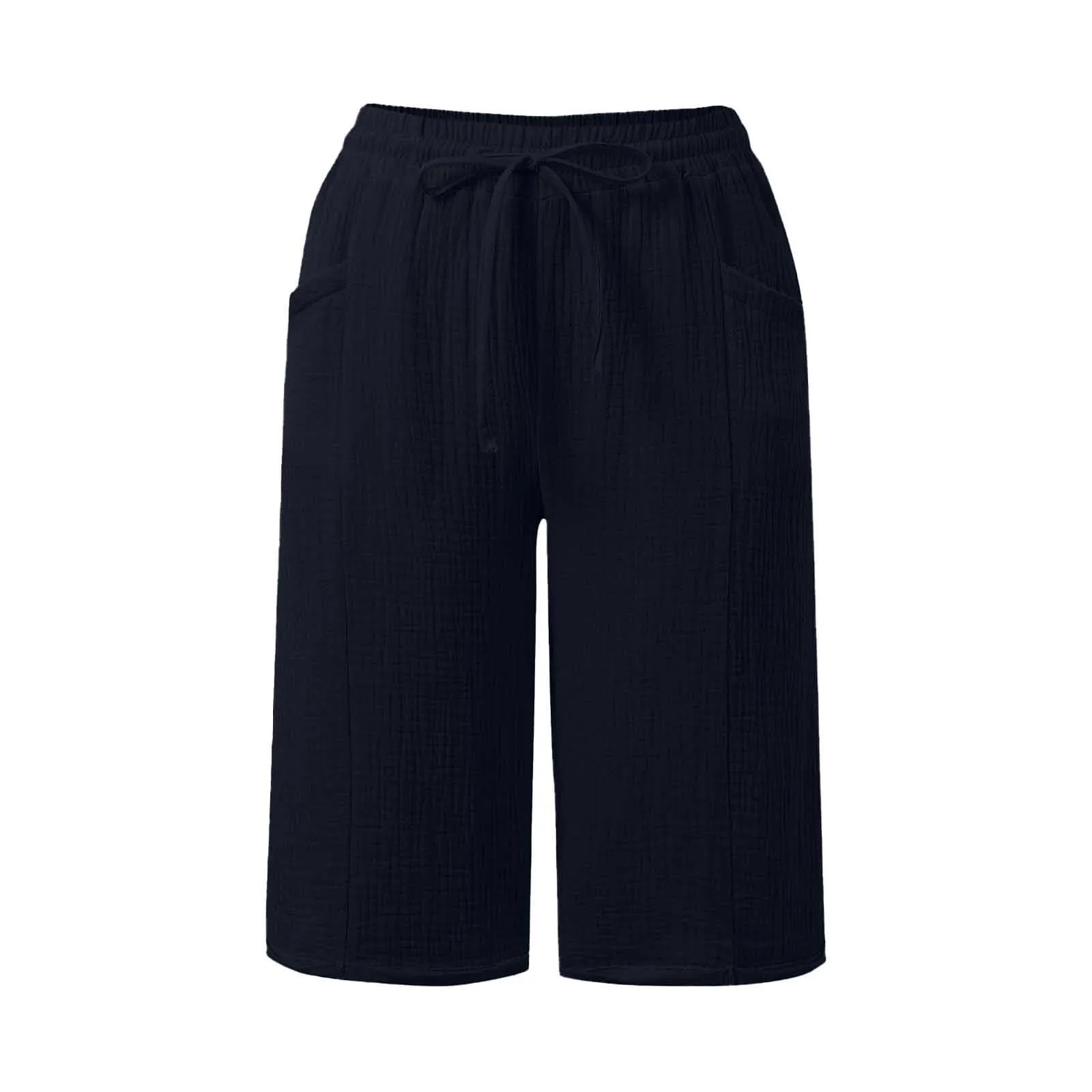 Generico Pantaloni Capri Donna in Lino e Cotone, Vita Alta, Gamba Larga, Tinta Unita - immagine 6