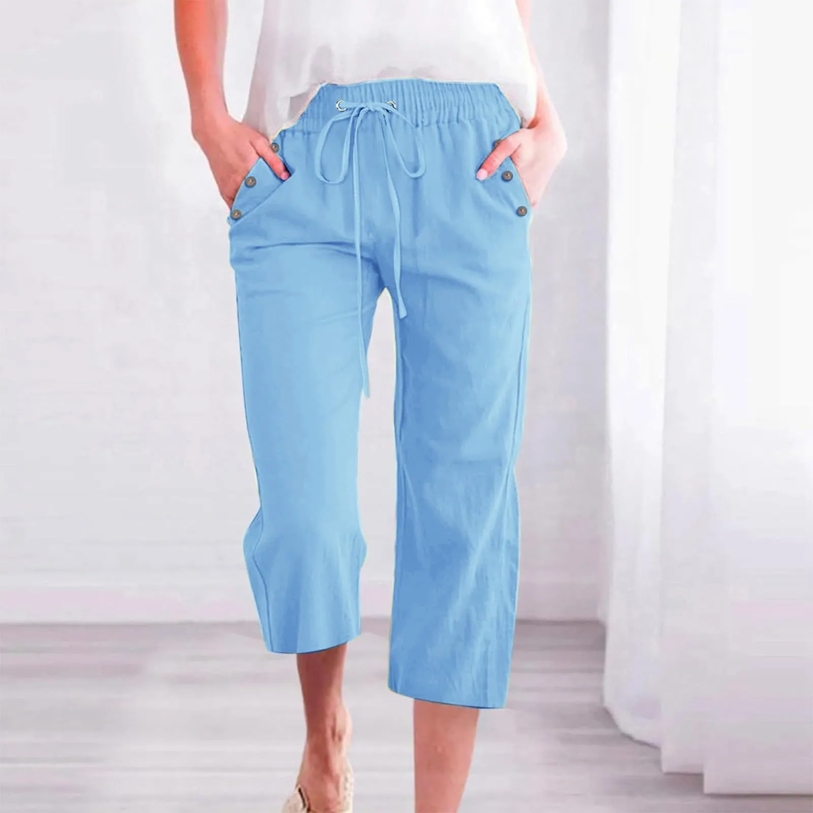 Generico Pantaloni Capri in Lino e Cotone Donna, Vita Alta Gamba Larga con Coulisse e Tasche, Tinta Unita - immagine 2