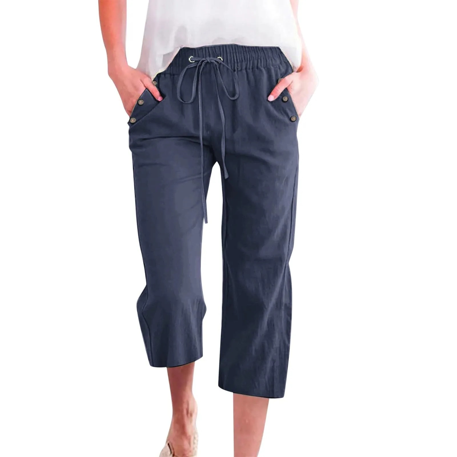 Generico Pantaloni Capri in Lino e Cotone per Donna, Vita Alta, Gamba Larga, Tinta Unita con Tasche - immagine 1