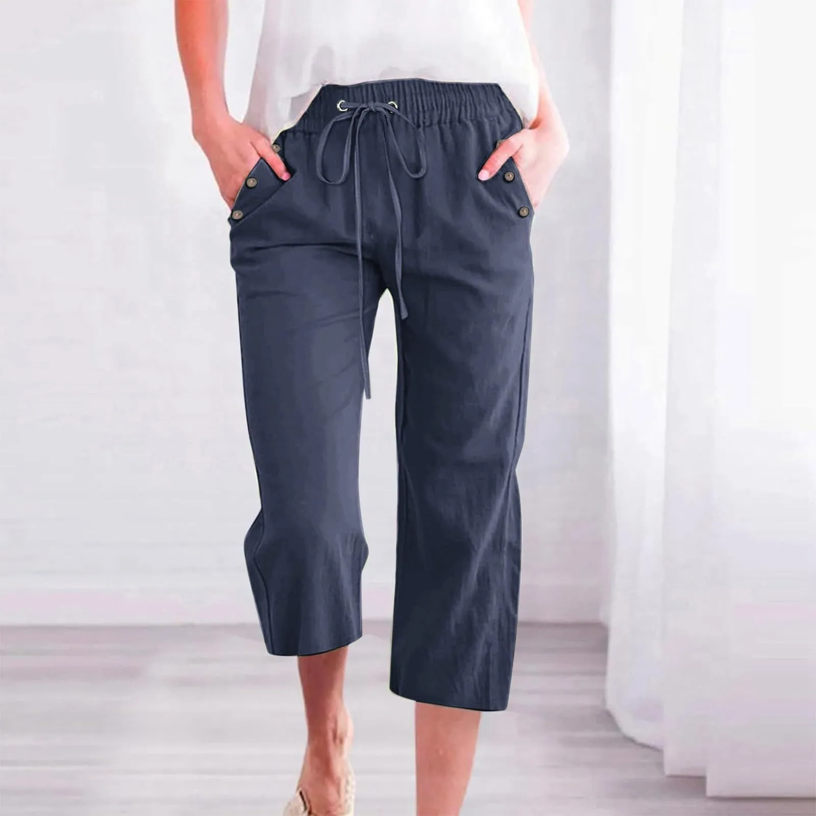 Generico Pantaloni Capri in Lino e Cotone per Donna, Vita Alta, Gamba Larga, Tinta Unita con Tasche - immagine 2