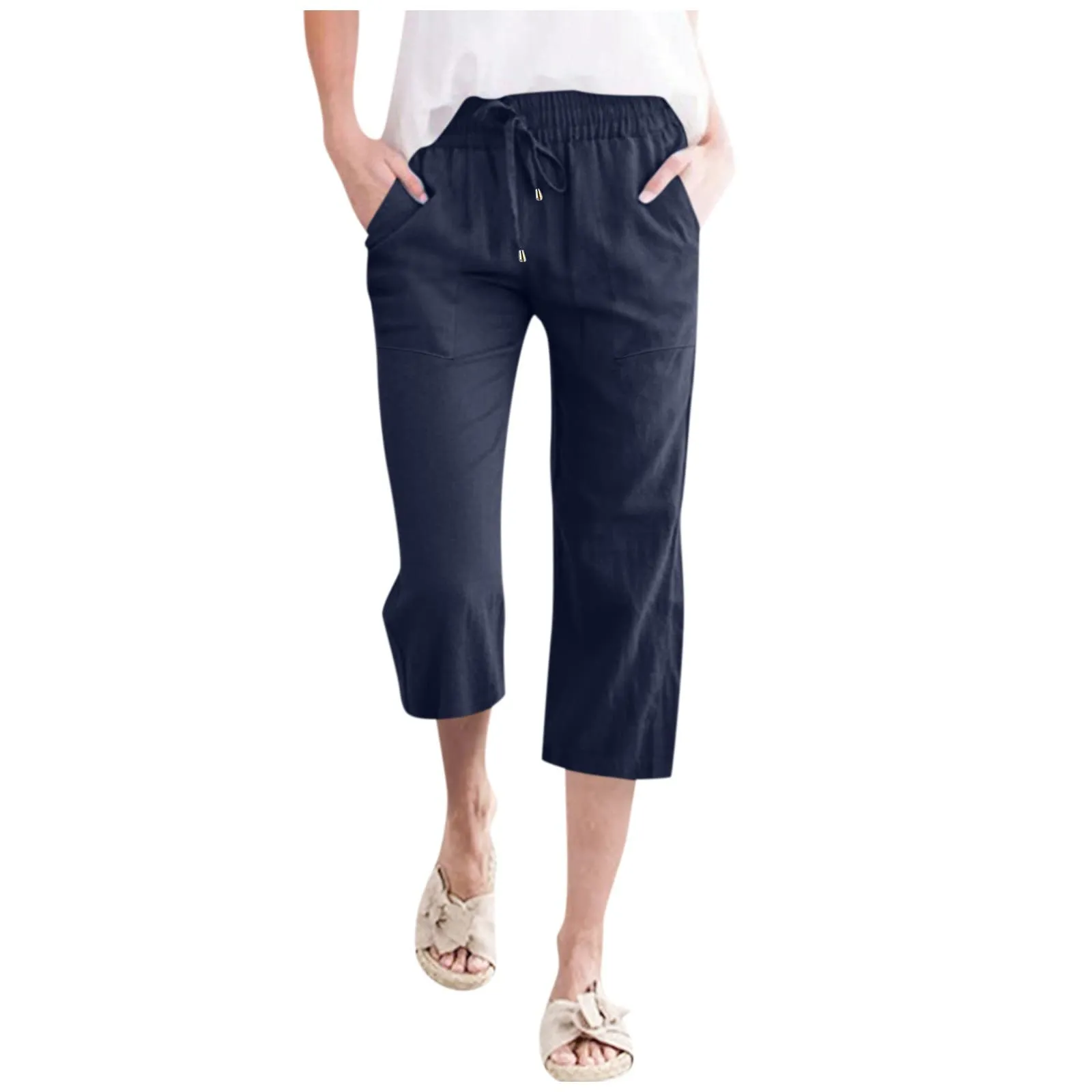 Generico Pantaloni Capri in Lino e Cotone per Donna, Vita Alta, Gamba Larga, Tinta Unita con Tasche - immagine 1