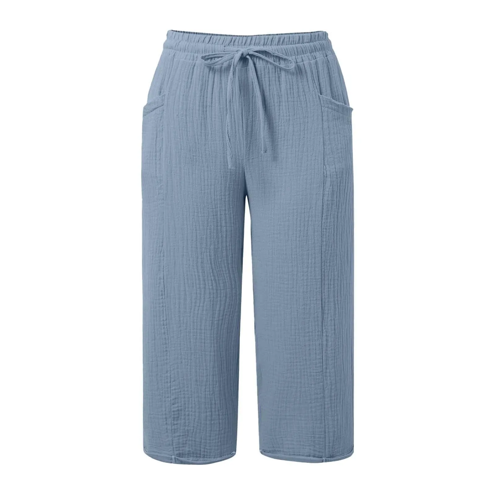 Generico Pantaloni Capri in Lino e Cotone Donna, Vita Alta, Gamba Larga con Coulisse e Tasche, Tinta Unita - immagine 4
