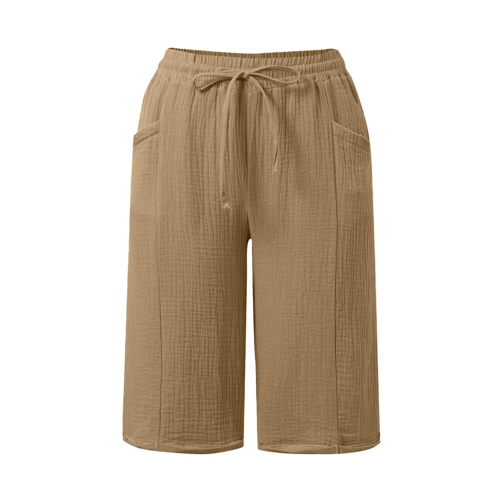 Generico Pantaloni Capri in Lino e Cotone Donna, Vita Alta, Gamba Larga, Tinta Unita con Tasche - immagine 6