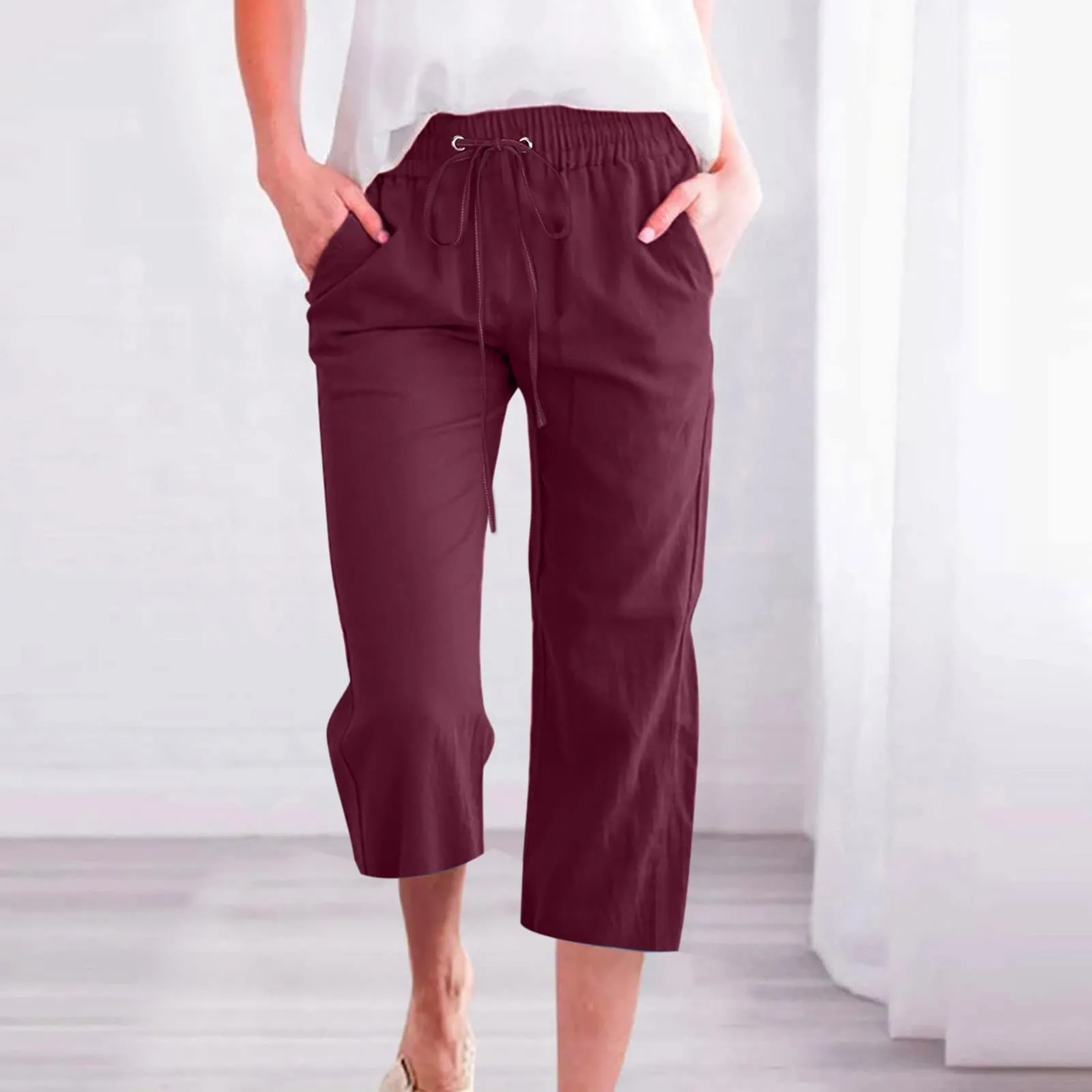 Generico Pantaloni Lino Donna Capri Vita Alta Larghi Tinta Unita con Tasche - immagine 2
