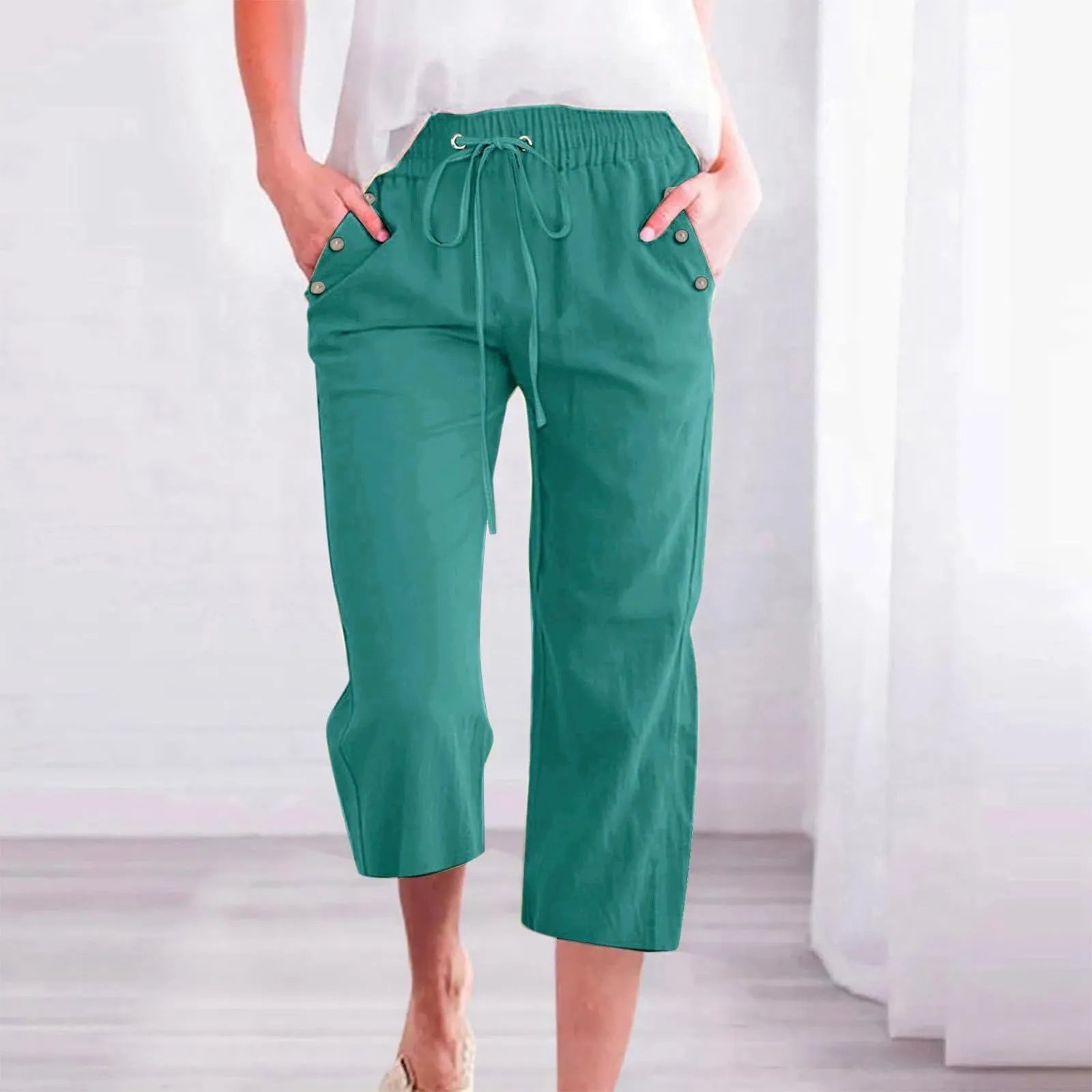 Generico Pantaloni Capri in Lino e Cotone Donna, Vita Alta, Gamba Larga, Tinta Unita con Coulisse e Tasche - immagine 2
