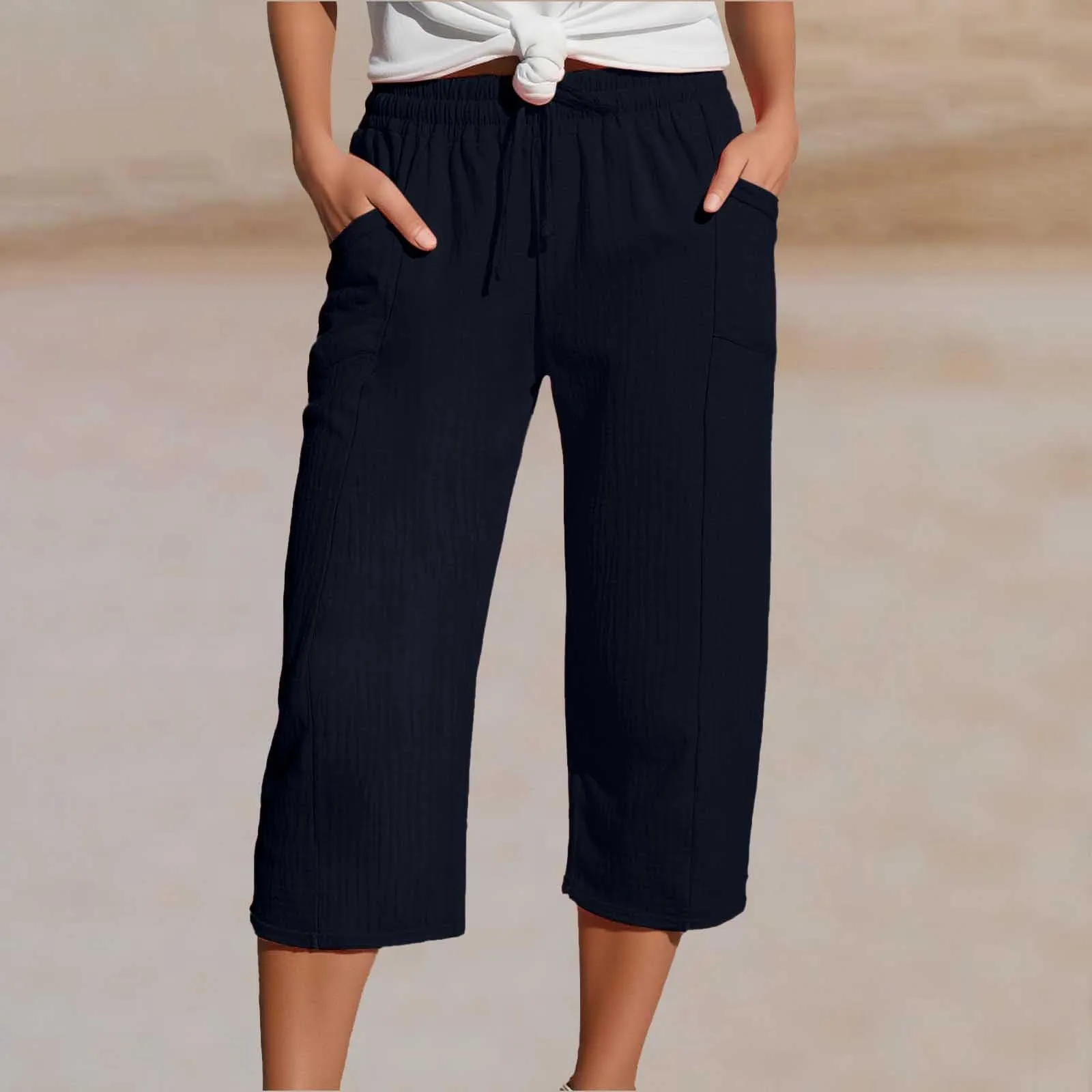 Generico Pantaloni Capri in Lino e Cotone per Donna, Vita Alta, Gamba Larga, Tinta Unita con Tasche - immagine 2