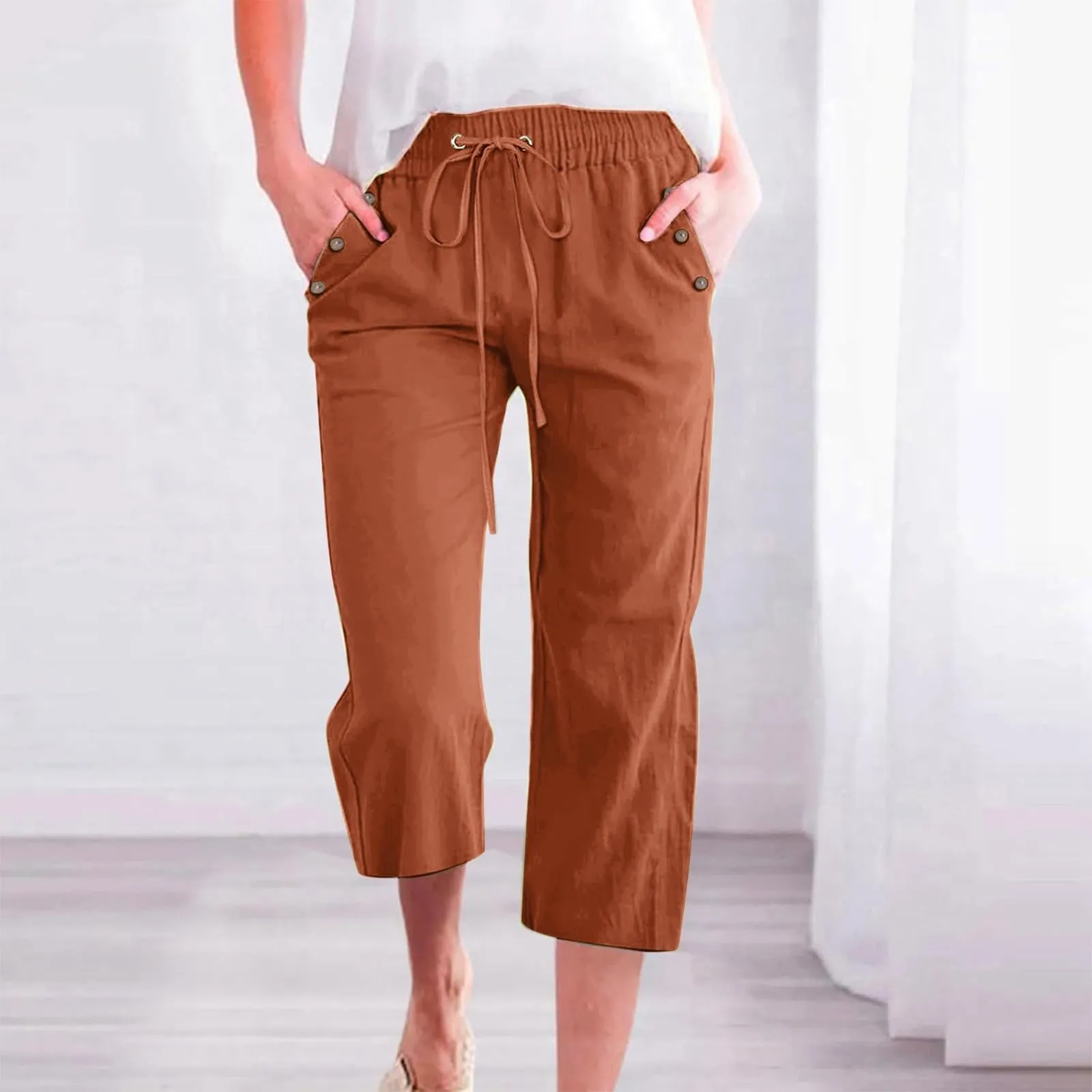 Generico Pantaloni Capri in Lino e Cotone Donna Vita Alta Larghi Tinta Unita con Tasche - immagine 2