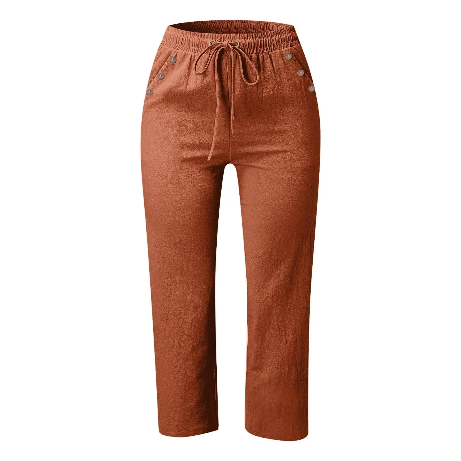Generico Pantaloni Capri in Lino e Cotone Donna Vita Alta Larghi Tinta Unita con Tasche - immagine 4