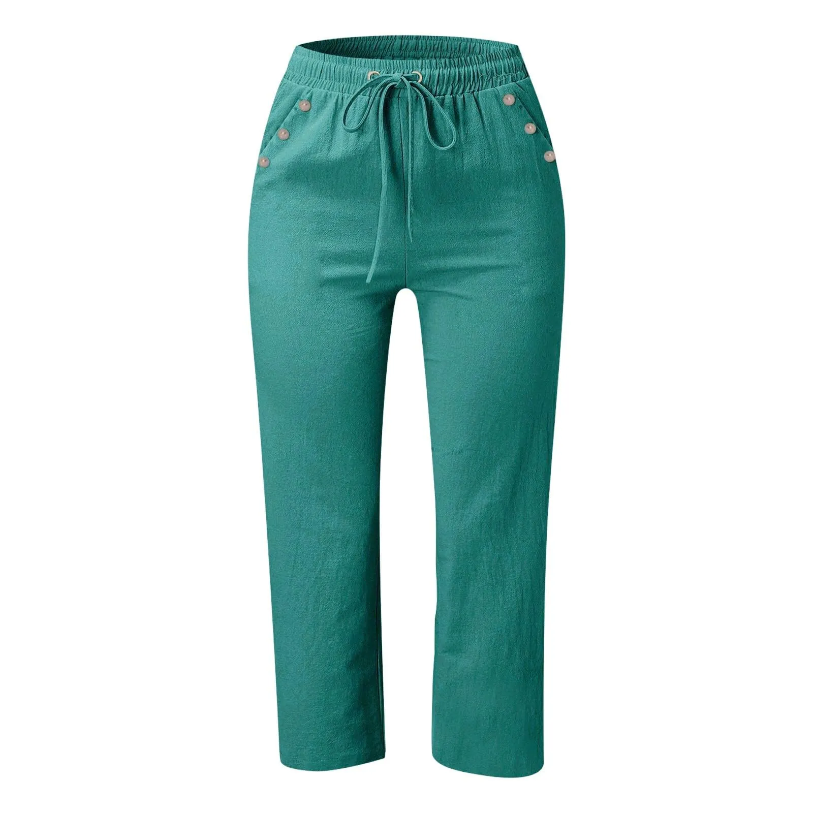 Generico Pantaloni Capri in Lino e Cotone Donna, Vita Alta, Gamba Larga, Tinta Unita con Tasche - immagine 4
