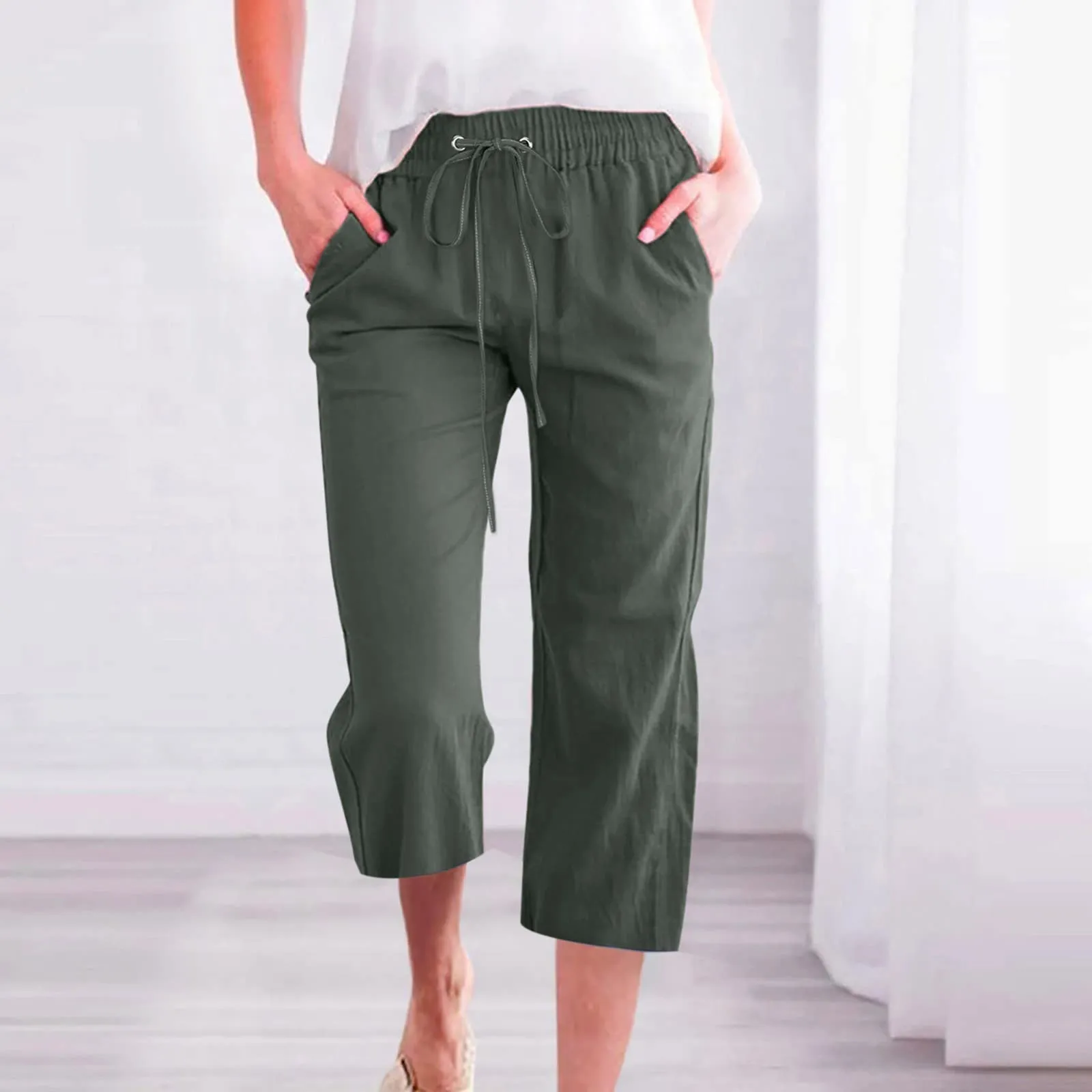 Generico Pantaloni Capri in Lino e Cotone per Donna, Vita Alta, Gamba Larga, Tinta Unita con Tasche - immagine 2