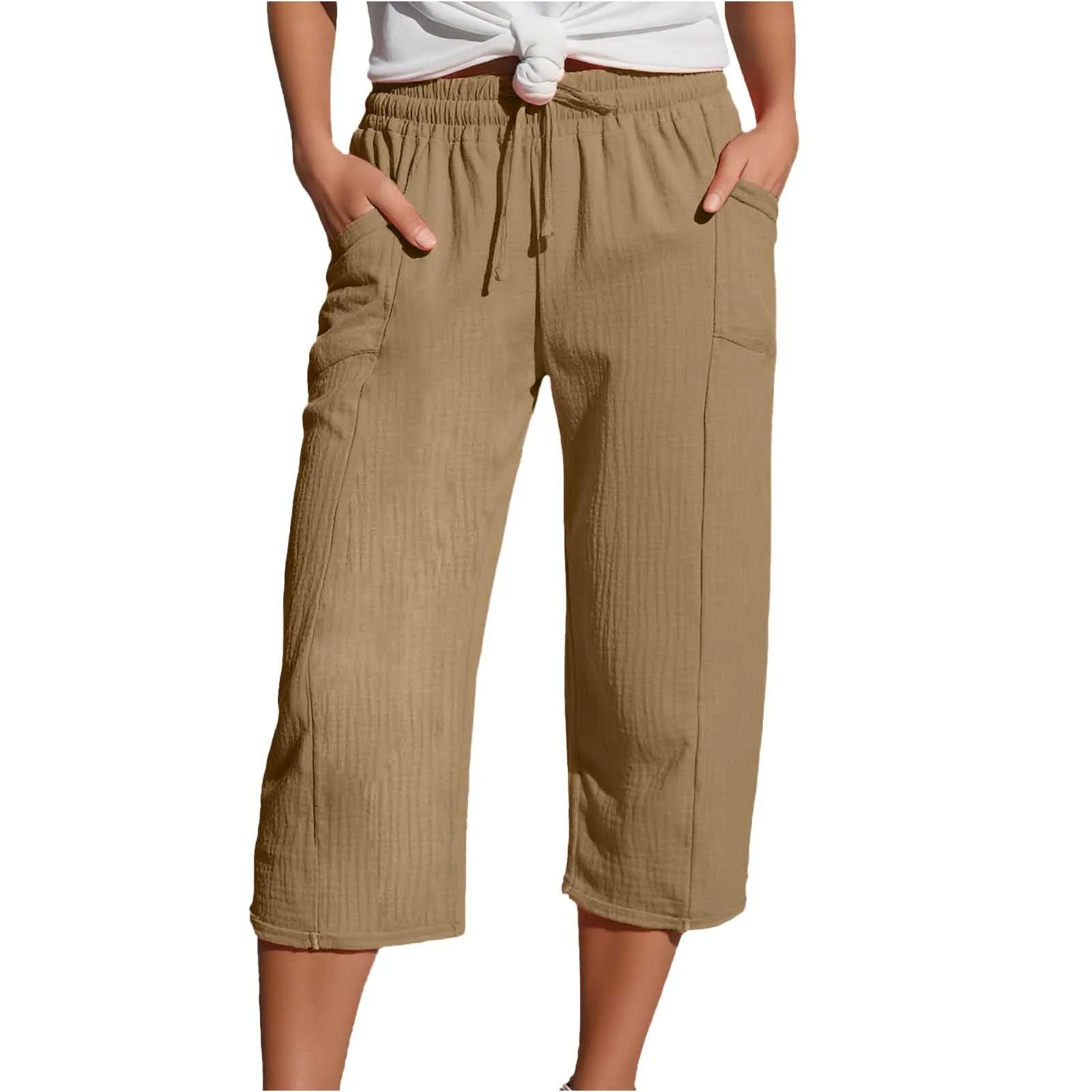 Generico Pantaloni Capri in Lino e Cotone Donna, Vita Alta, Gamba Larga, Tinta Unita con Coulisse e Tasche - immagine 1