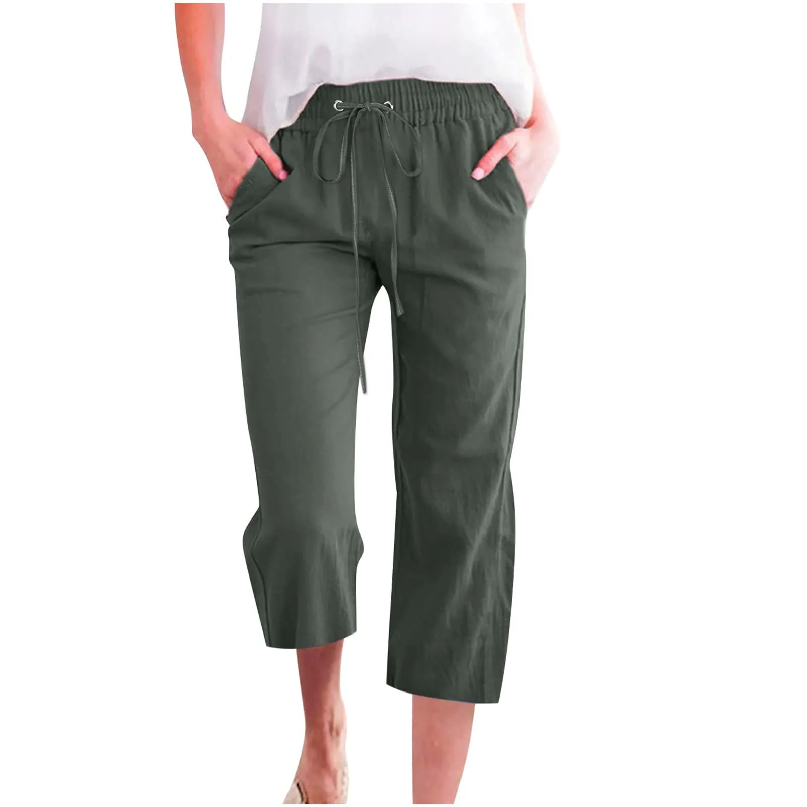 Generico Pantaloni Capri in Lino e Cotone Donna, Vita Alta, Gamba Larga, Tinta Unita con Tasche - immagine 1