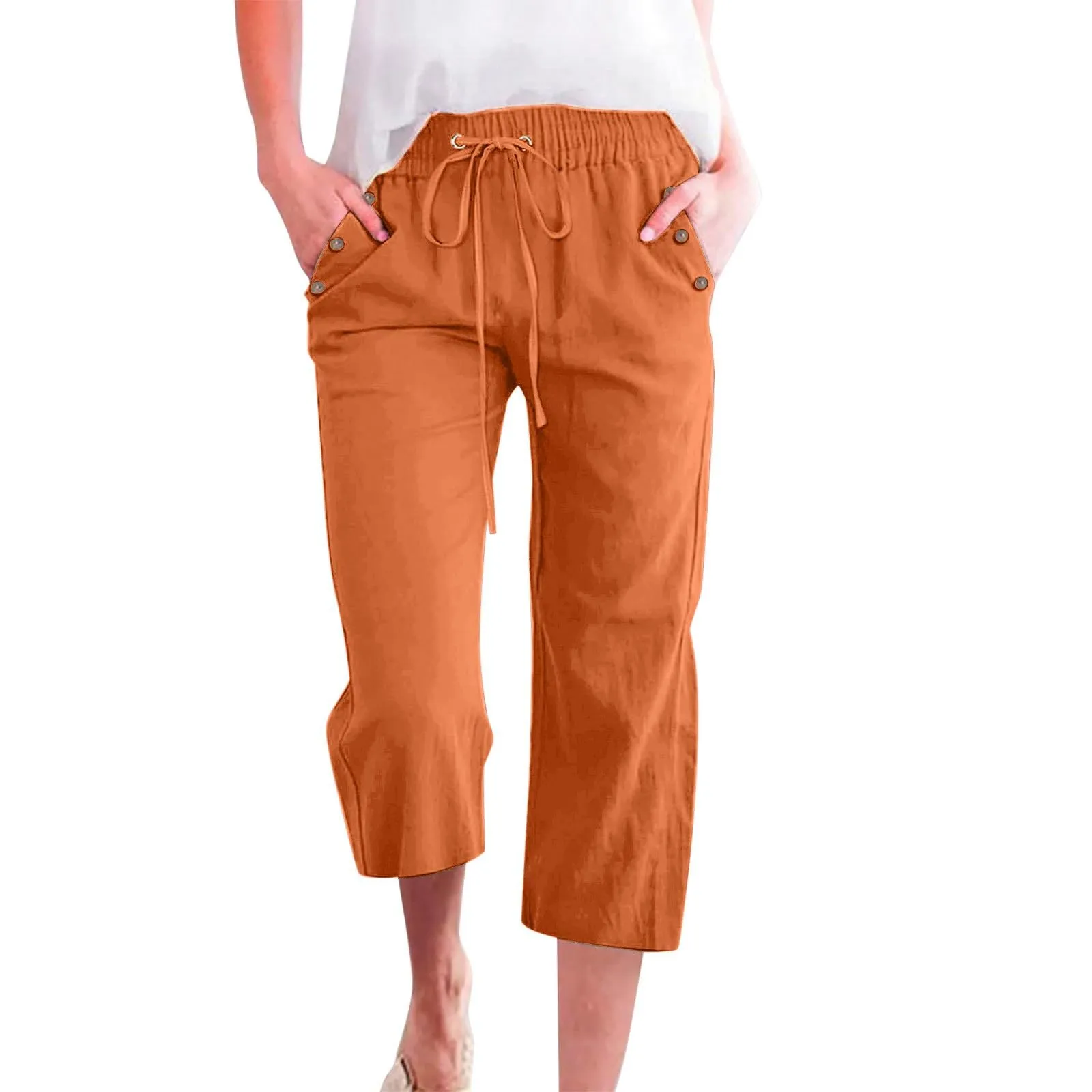 Generico Pantaloni Capri in Lino e Cotone Donna Vita Alta Larghi con Tasche - immagine 1