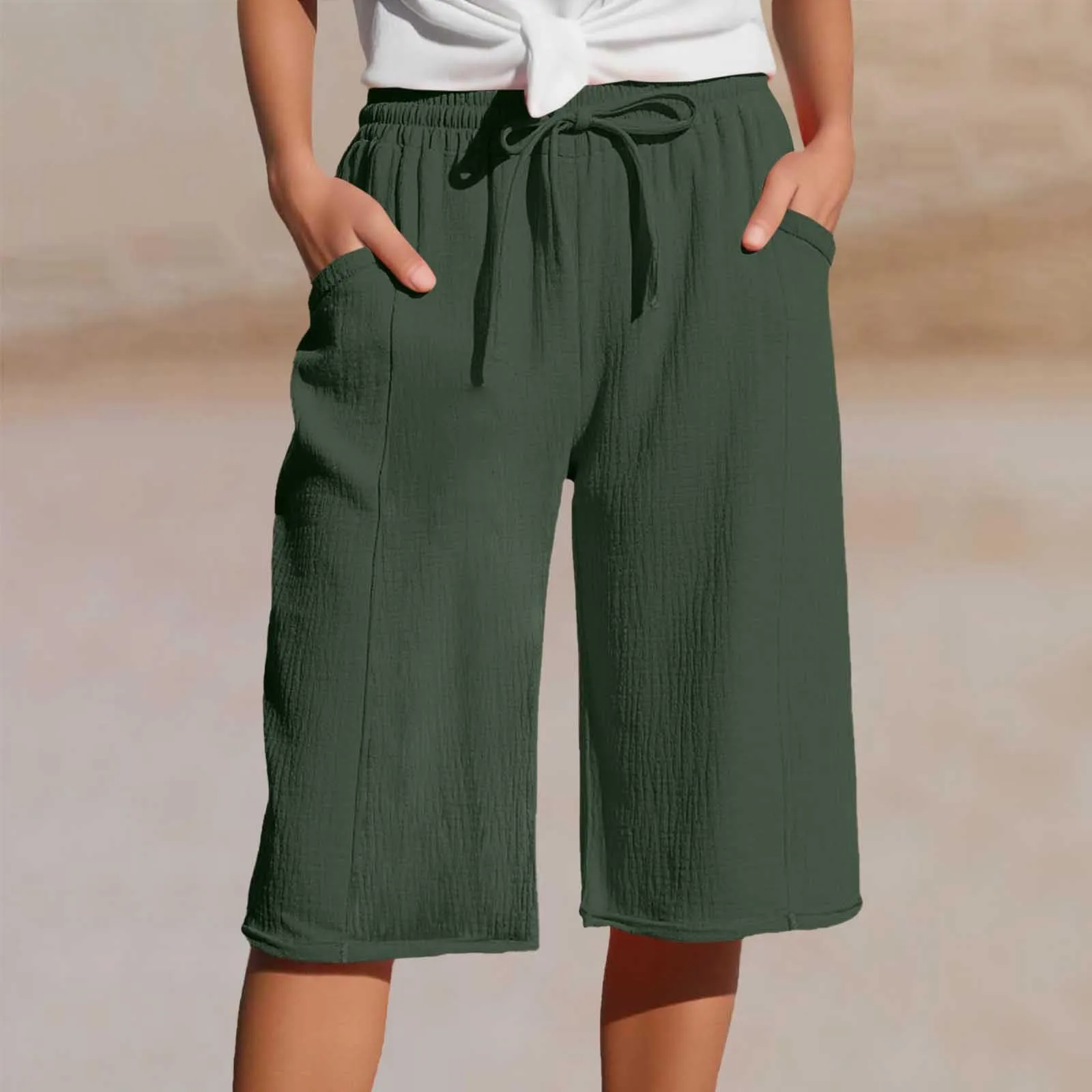 Generico Pantaloni Capri in Lino e Cotone Donna Vita Alta Larghi con Coulisse e Tasche Tinta Unita - immagine 2