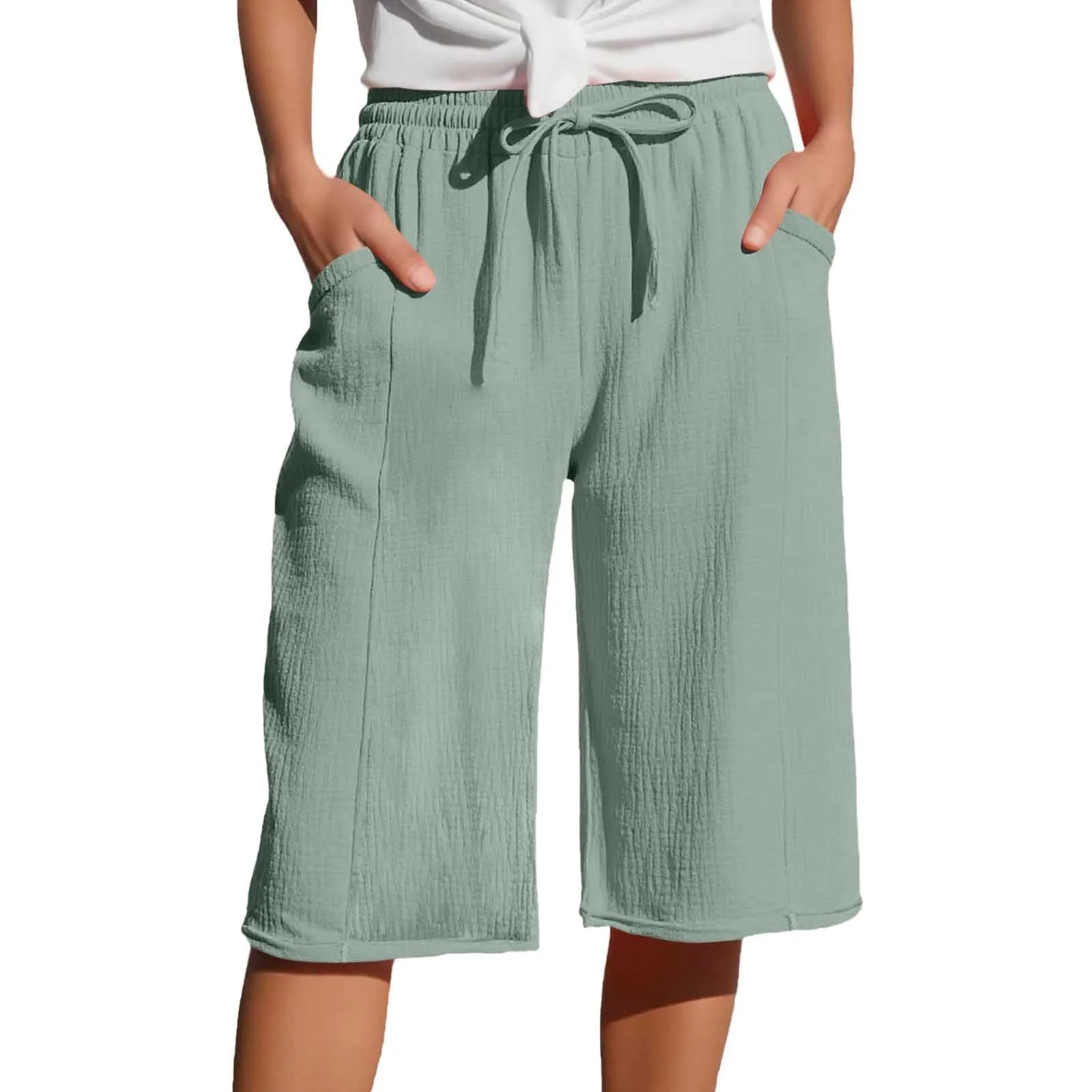 Generico Pantaloni Capri in Lino e Cotone Donna Vita Alta Larghi con Tasche Tinta Unita - immagine 1