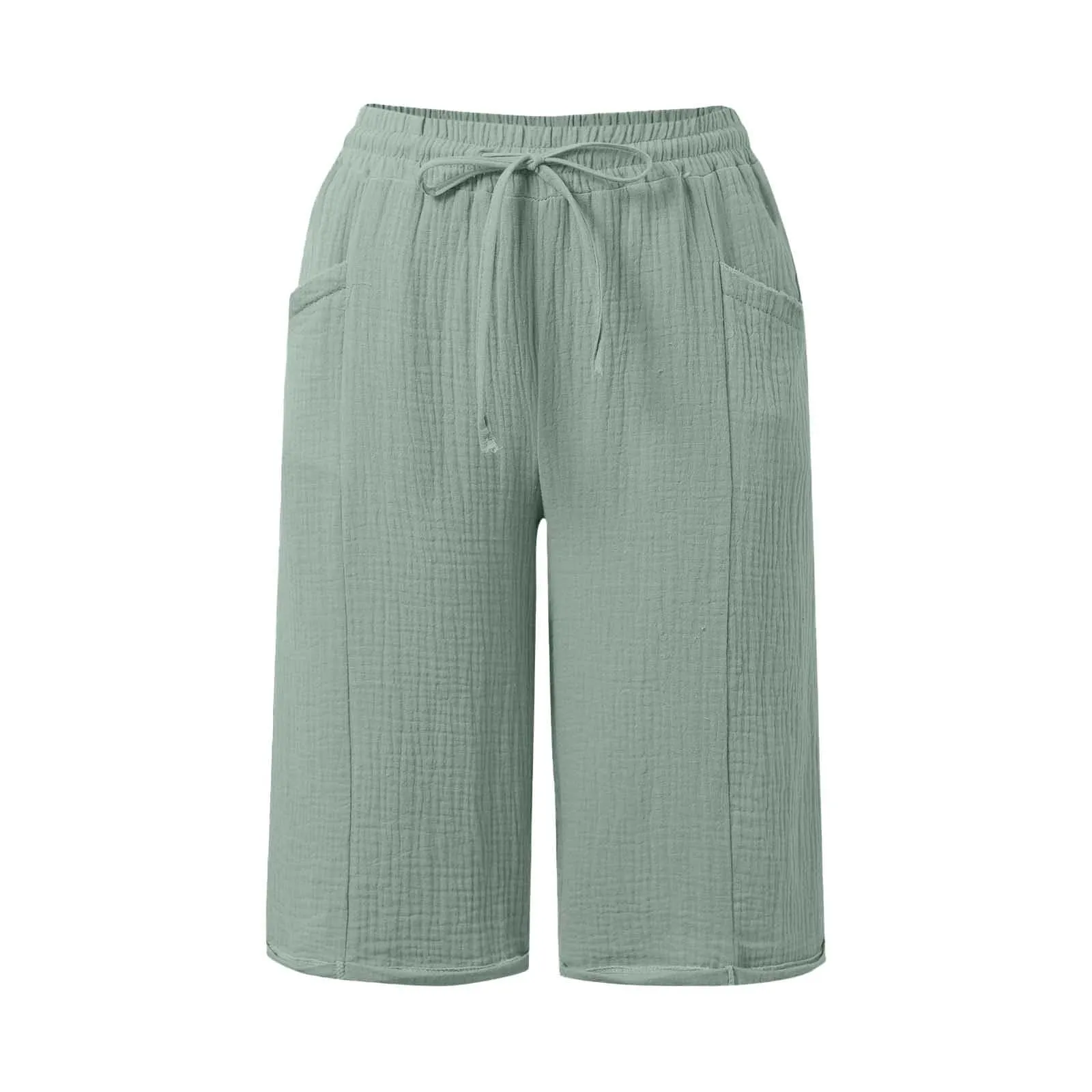 Generico Pantaloni Capri in Lino e Cotone Donna Vita Alta Larghi con Tasche Tinta Unita - immagine 6
