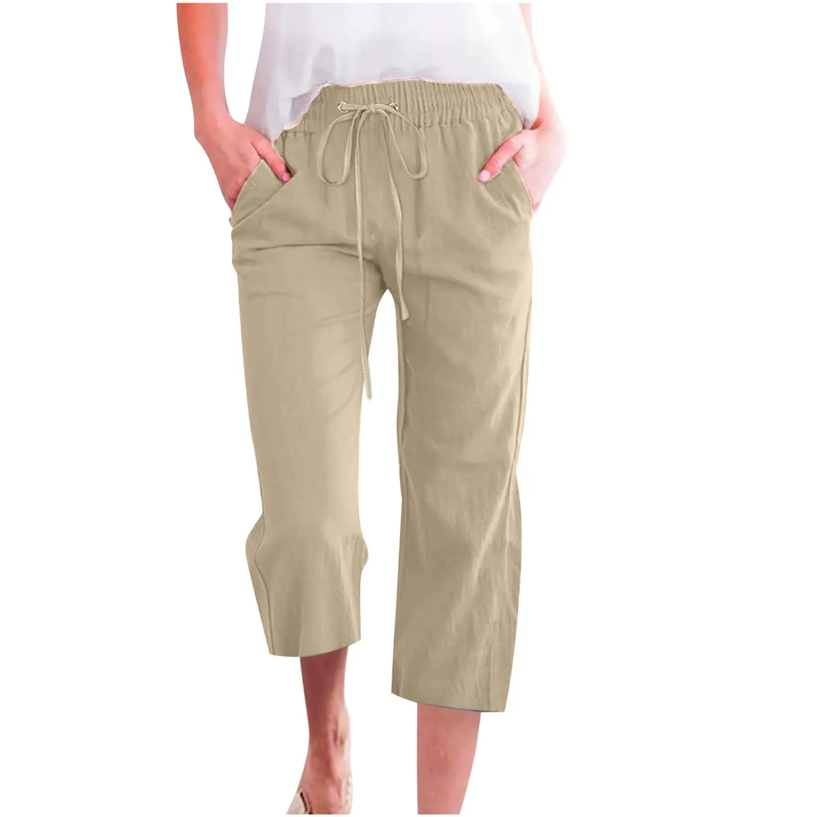 Generico Pantaloni Capri in Lino e Cotone per Donna, Vita Alta, Gamba Larga, Tinta Unita con Tasche - immagine 1