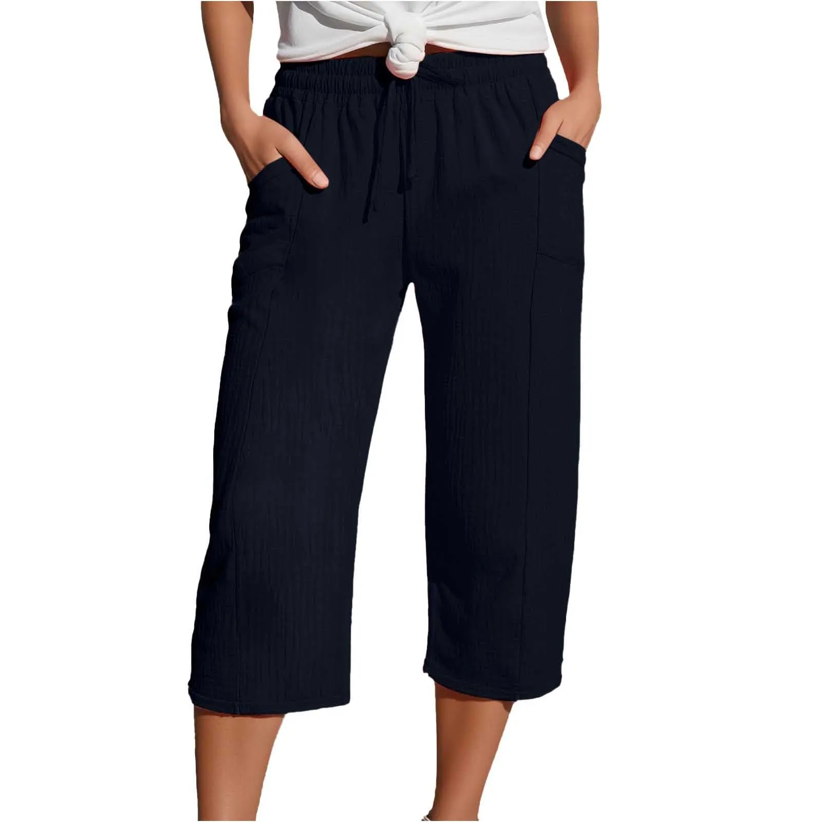 Generico Pantaloni Capri in Lino e Cotone Donna Vita Alta Larghi con Tasche - immagine 1