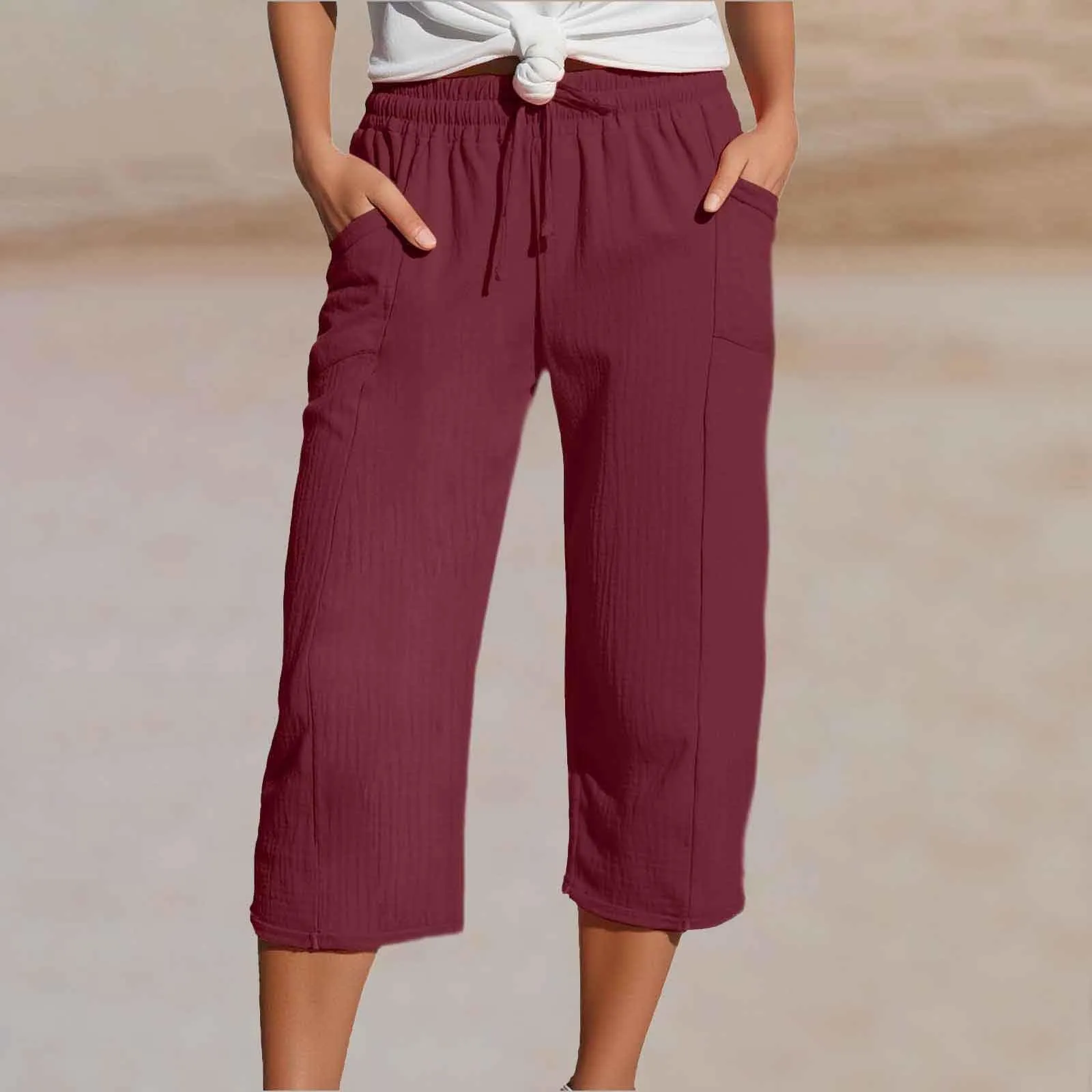Generico Pantaloni Capri in Lino e Cotone Donna, Vita Alta Larghi, Tinta Unita con Coulisse e Tasche - immagine 2
