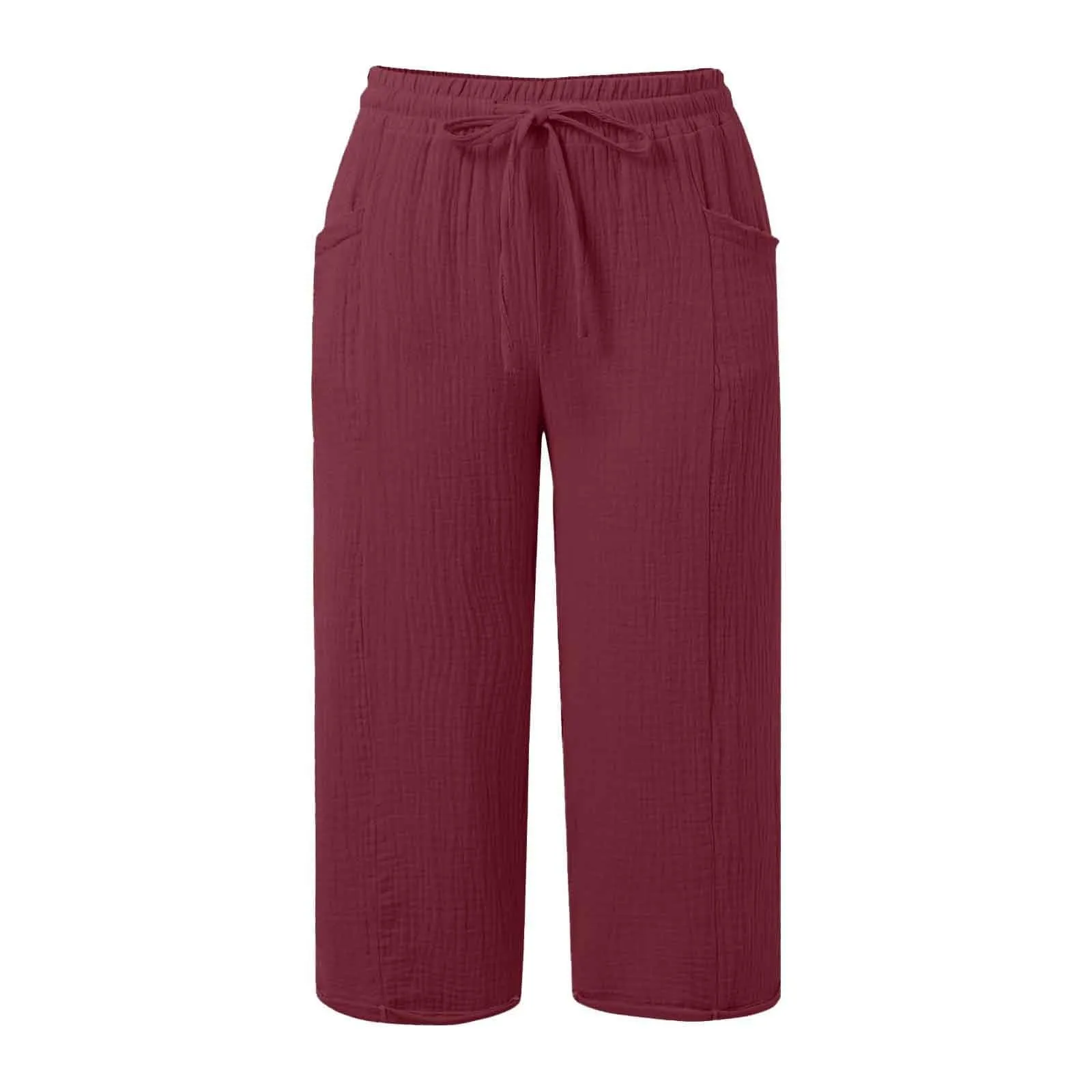 Generico Pantaloni Capri in Lino e Cotone Donna, Vita Alta Larghi, Tinta Unita con Coulisse e Tasche - immagine 6