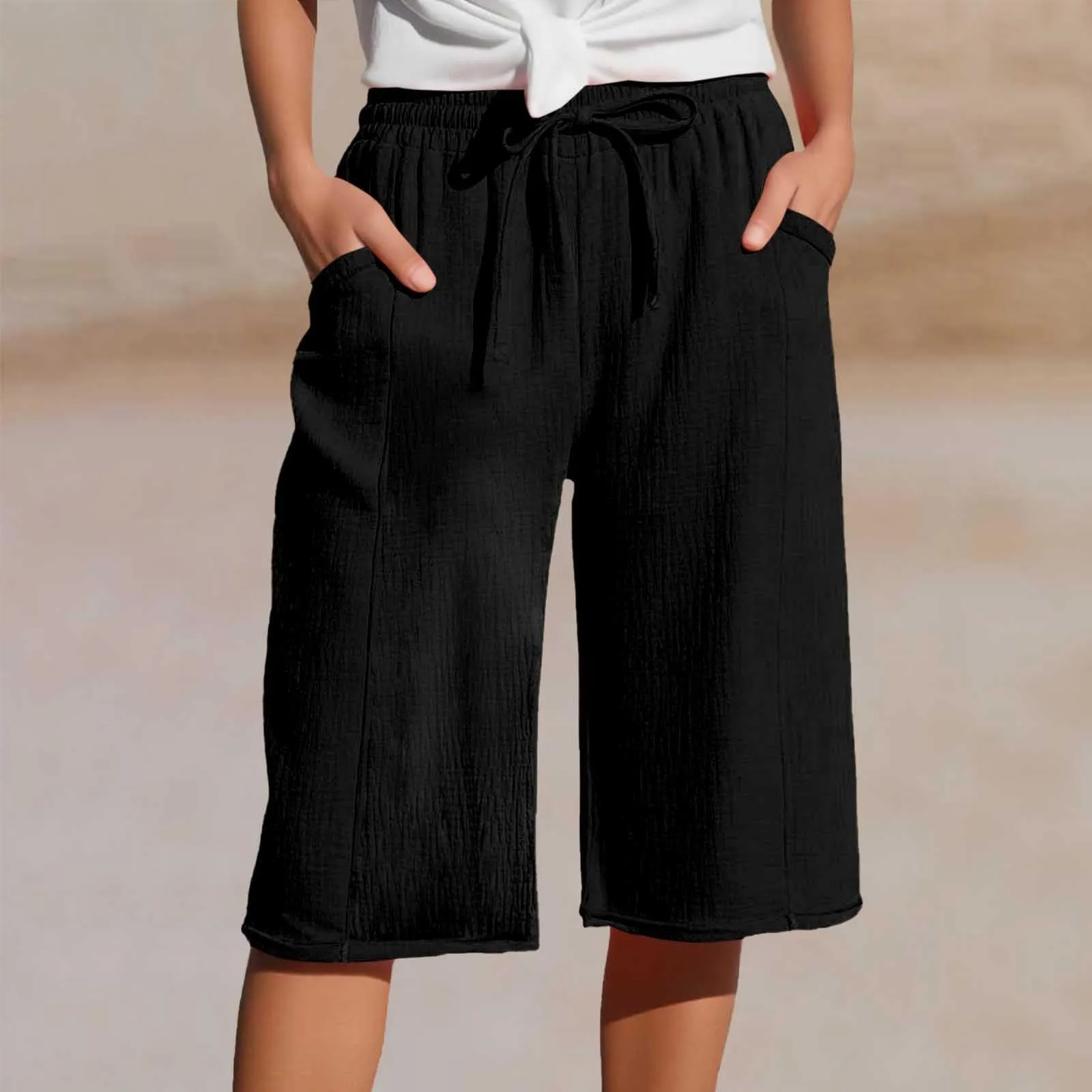 Generico Pantaloni Capri in Lino e Cotone Donna Vita Alta Larghi con Coulisse e Tasche Tinta Unita - immagine 2